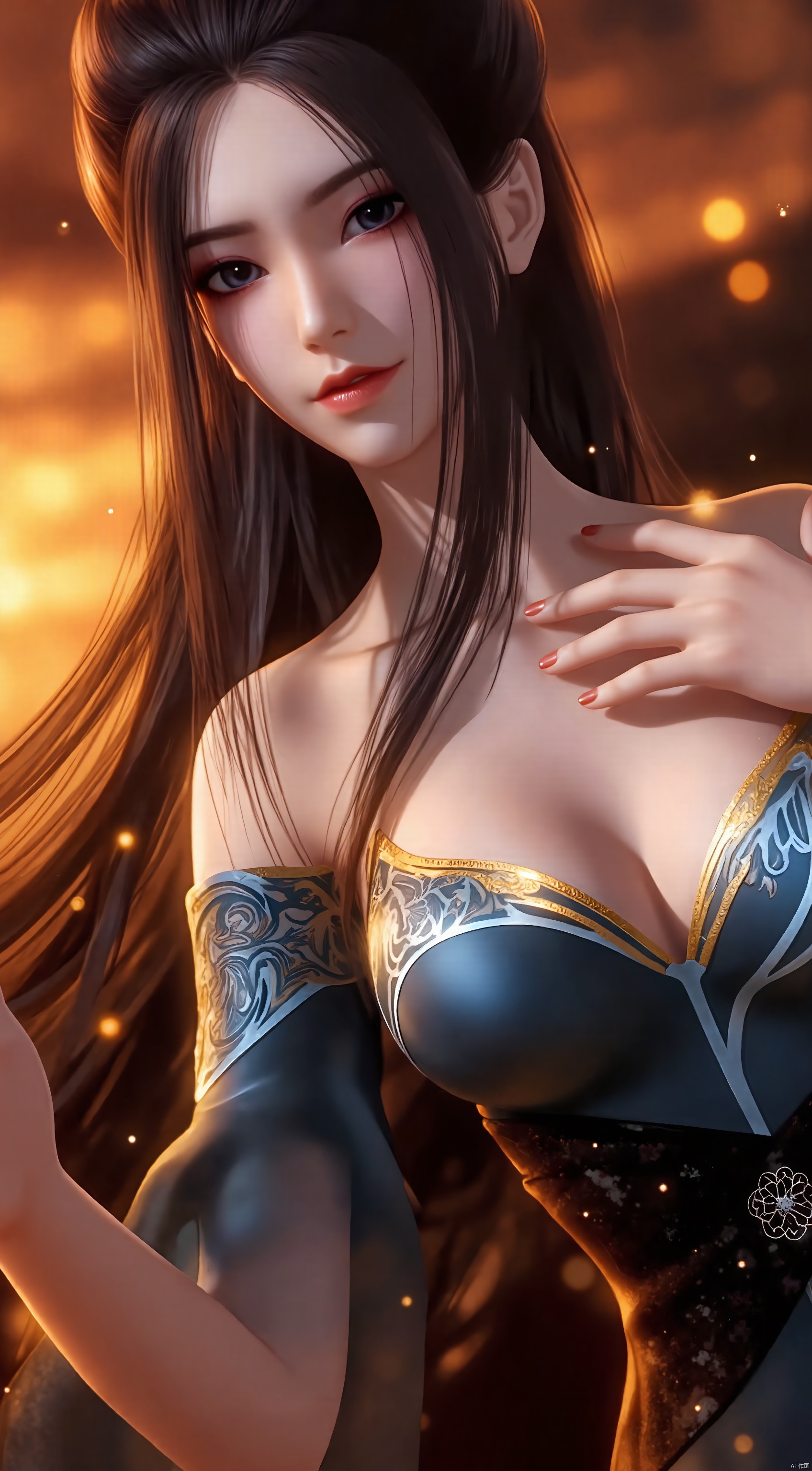 The image is a digital art piece that appears to be a portrait of a young woman with long dark hair
She is wearing a blue and gold outfit with a high neckline and long sleeves
Her hair is flowing in the wind and cascades down her back
The background is a fiery orange and yellow color, with sparks flying around her
The woman's face is turned to the side, with her eyes closed and her lips slightly parted
She has a peaceful expression on her face and her hands are resting on her chest
The overall mood of the image is mystical and dreamlike.