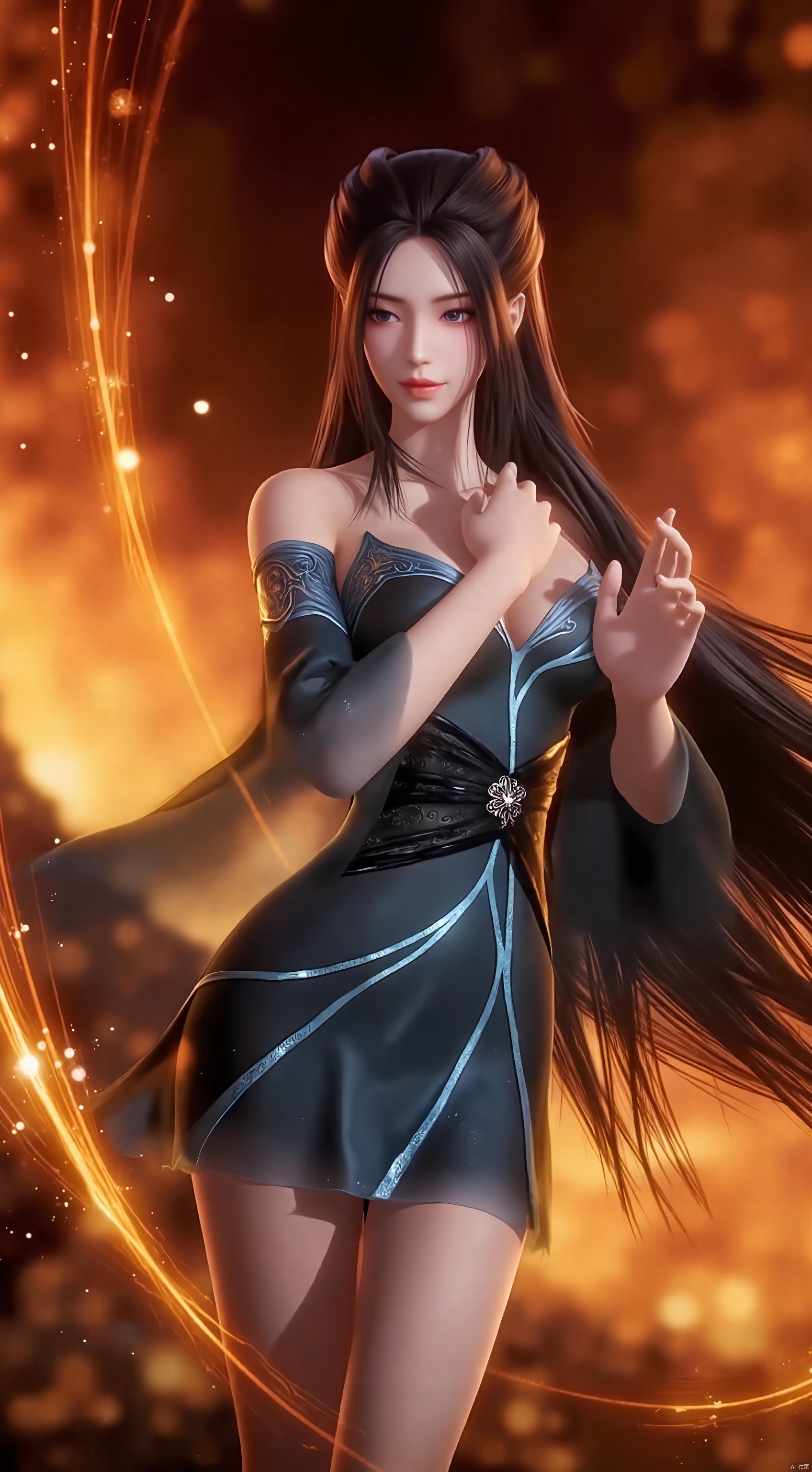 The image is a digital art piece that appears to be a portrait of a young woman with long dark hair
She is wearing a blue and gold outfit with a high neckline and long sleeves
Her hair is flowing in the wind and cascades down her back
The background is a fiery orange and yellow color, with sparks flying around her
The woman's face is turned to the side, with her eyes closed and her lips slightly parted
She has a peaceful expression on her face and her hands are resting on her chest
The overall mood of the image is mystical and dreamlike.
