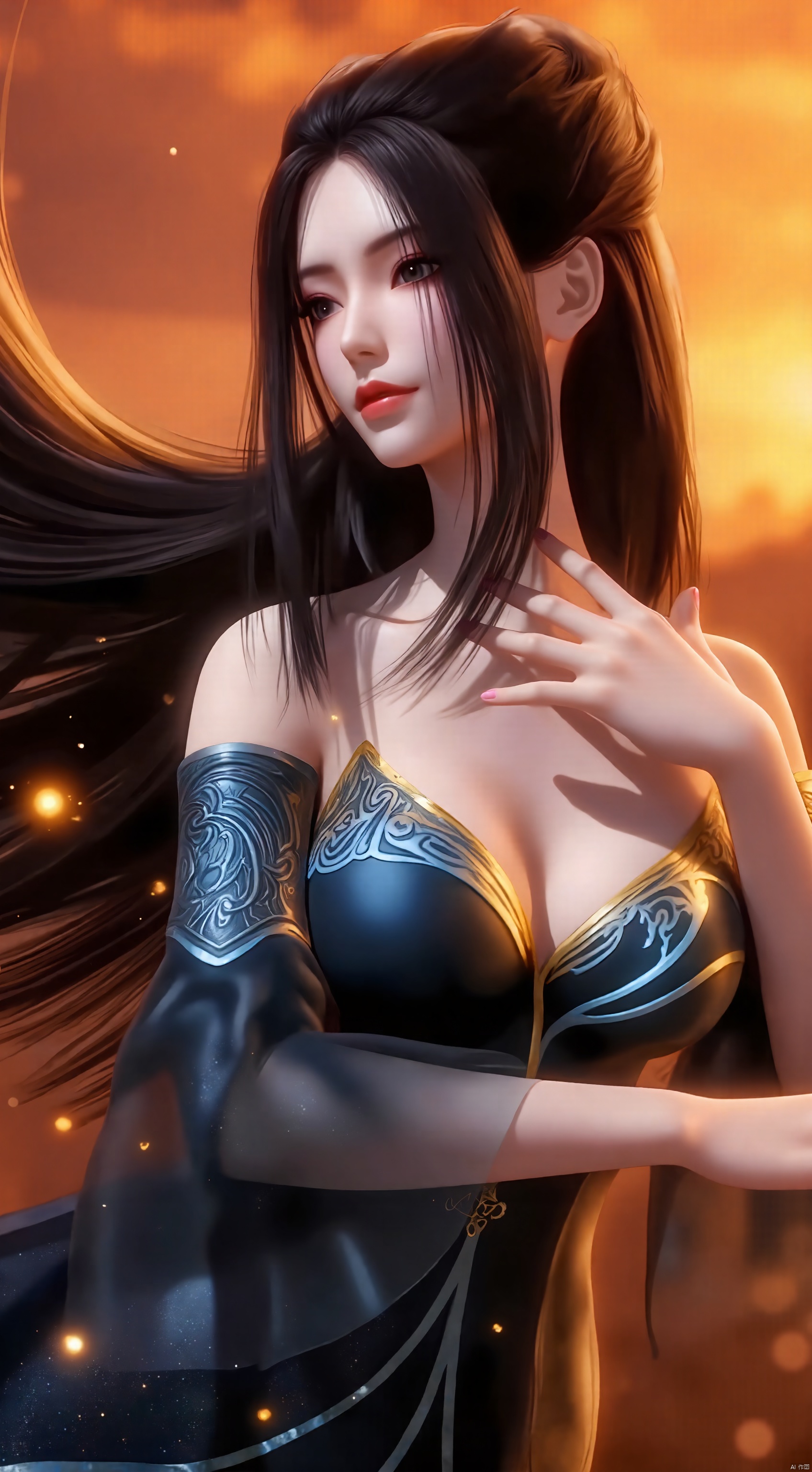 The image is a digital art piece that appears to be a portrait of a young woman with long dark hair
She is wearing a blue and gold outfit with a high neckline and long sleeves
Her hair is flowing in the wind and cascades down her back
The background is a fiery orange and yellow color, with sparks flying around her
The woman's face is turned to the side, with her eyes closed and her lips slightly parted
She has a peaceful expression on her face and her hands are resting on her chest
The overall mood of the image is mystical and dreamlike.