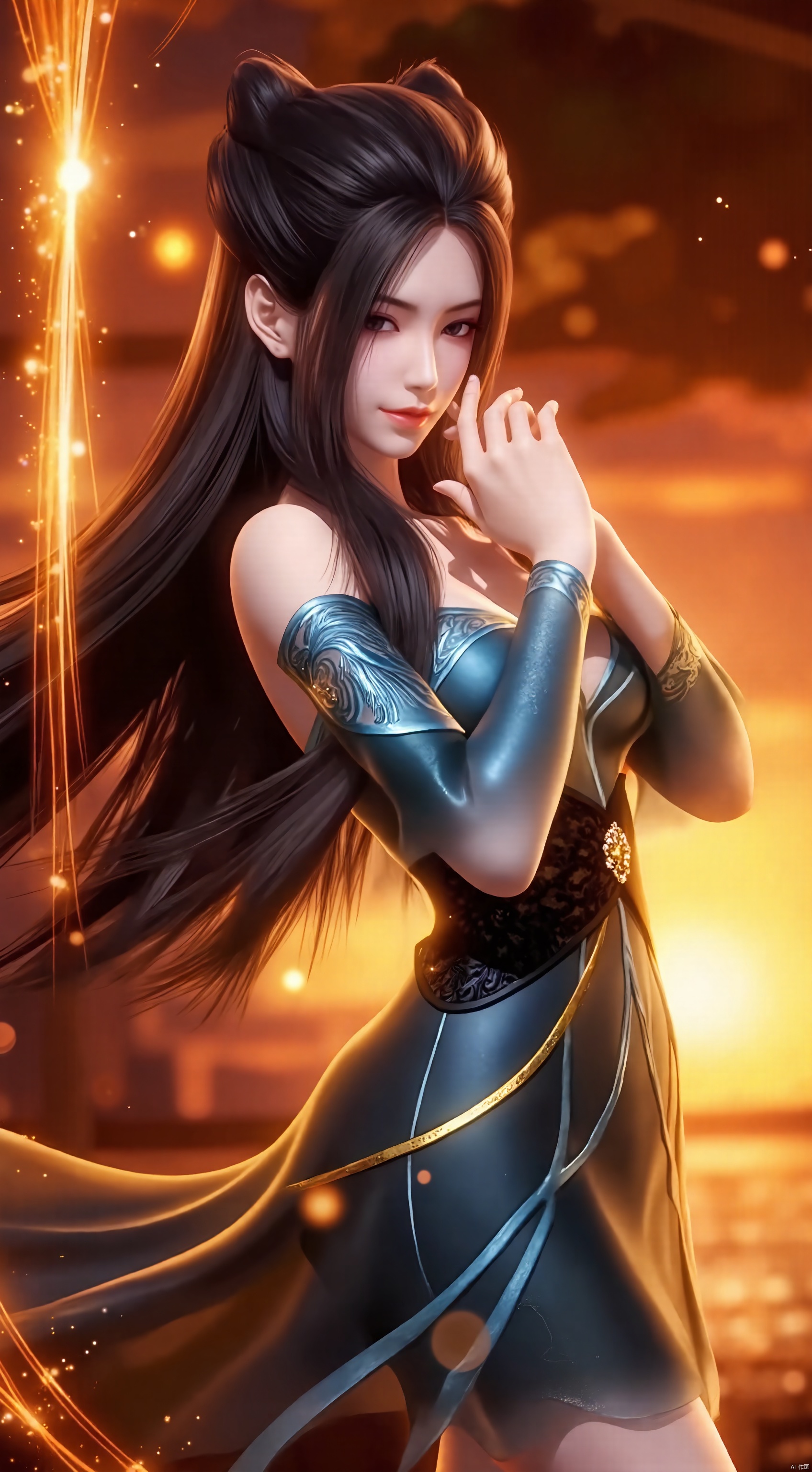 The image is a digital art piece that appears to be a portrait of a young woman with long dark hair
She is wearing a blue and gold outfit with a high neckline and long sleeves
Her hair is flowing in the wind and cascades down her back
The background is a fiery orange and yellow color, with sparks flying around her
The woman's face is turned to the side, with her eyes closed and her lips slightly parted
She has a peaceful expression on her face and her hands are resting on her chest
The overall mood of the image is mystical and dreamlike.
