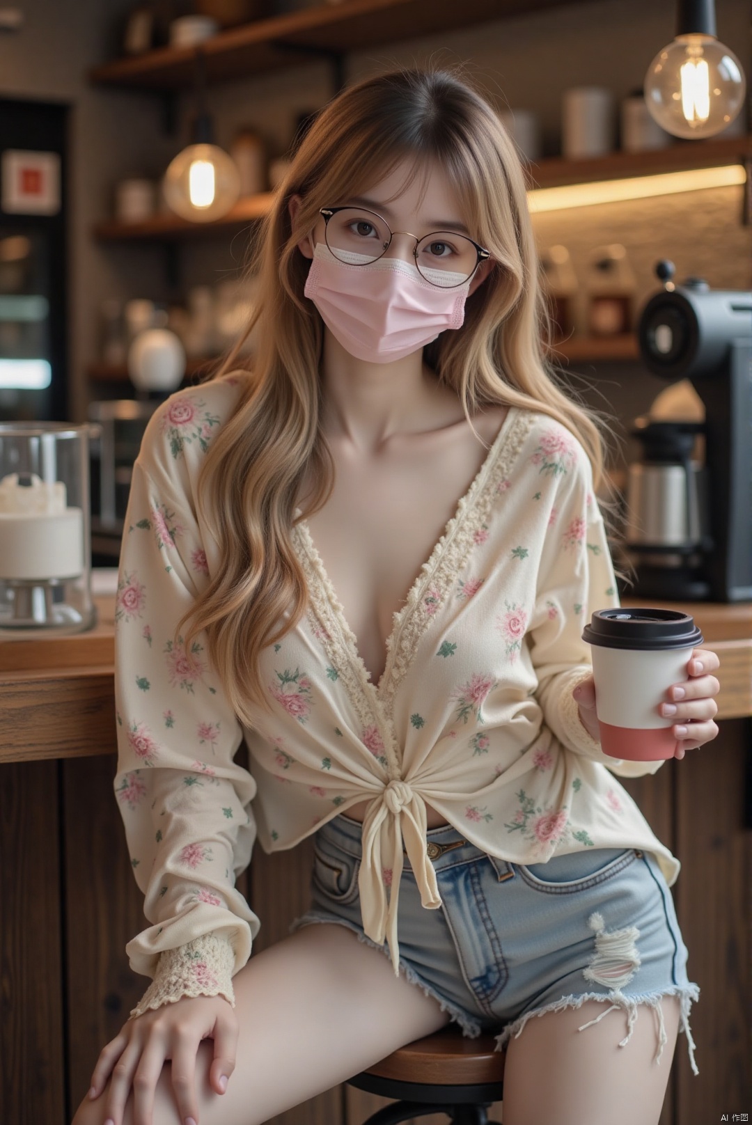 In a quaint café, a girl with long, soft blonde hair sits on a high stool, her hair cascading down her back. She's wearing a loose, floral-print shirt that's slightly unbuttoned, offering a glimpse of her collarbone. A pink mask covers her mouth, and she wears stylish, cat-eye glasses that accentuate her features. Her makeup is light, with a touch of shimmer on her lids. She leans forward slightly, one hand on the counter, the other holding a coffee cup, her posture relaxed yet engaging. The photographer captures her from a three-quarter angle, focusing on her interaction with the environment, with the soft lighting and the rustic interior creating a cozy atmosphere. The scene captures the essence of youthful charm and a carefree, lazy vibe.