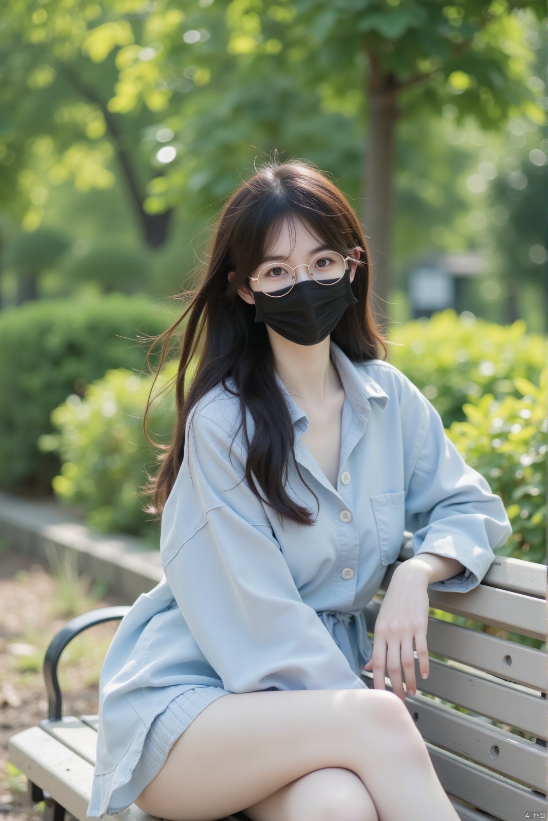A young Asian woman with long, silky black hair poses on a park bench, her hair flowing freely in the gentle afternoon light. She's adorned in a loose, pastel blue shirt that's partially unbuttoned, revealing a hint of her neck and chest. A black mask is worn below her nose, and she sports a pair of trendy, round-framed glasses. Her makeup is minimal, with a soft focus on her eyes. She sits with one leg tucked under her, the other extended, showcasing her thighs in a relaxed, candid pose. The camera captures her from a slightly lowered angle, emphasizing the length of her limbs and the softness of her fluffy hair. The background is a lush garden, with dappled sunlight filtering through the leaves, creating a serene and youthful scene that encapsulates a lazy, hazy day.