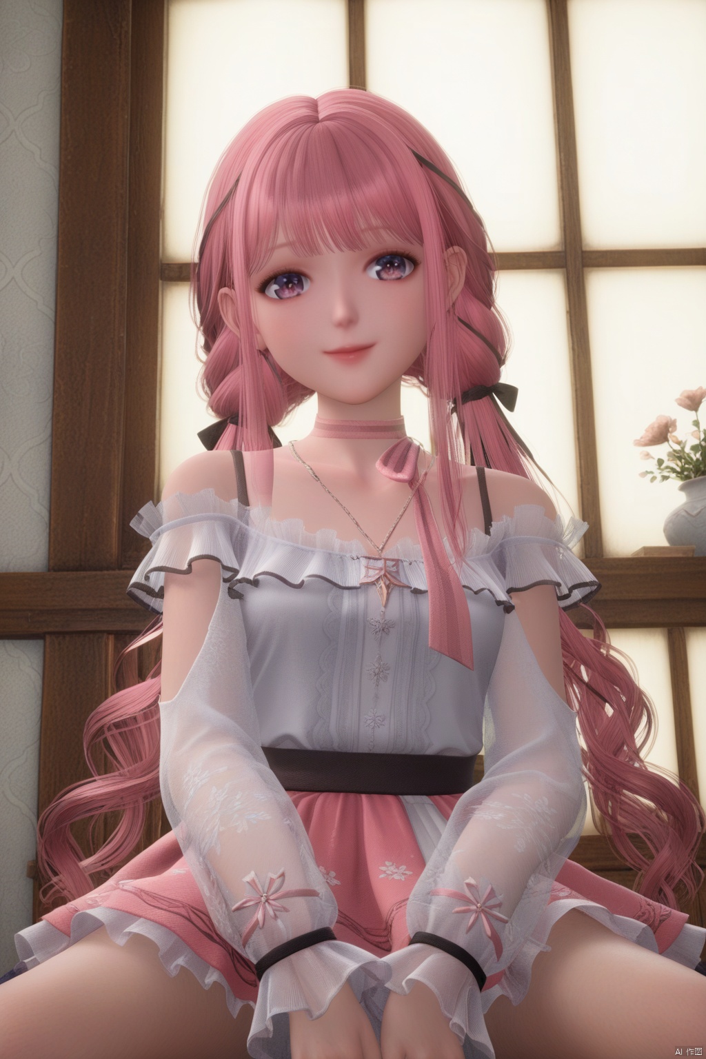 masterpiece, best quality, masterpiece,best quality,official art,extremely detailed CG unity 8k wallpaper,1girl,solo,long hair,looking at viewer,smile,bangs,skirt,shirt,long sleeves,twintails,jewelry,very long hair,collarbone,white shirt,pink hair,braid,frills,choker,virtual youtuber,pink eyes,necklace,pink skirt,off-shoulder shirt,frilled shirt,see-through sleeves,pink bow,white socks,floral print,socks,(fetal position:1.3),sitting,from below,Bow Socks,See-through Floral Socks,(fetal_position),(fetal_position:1.3),pov