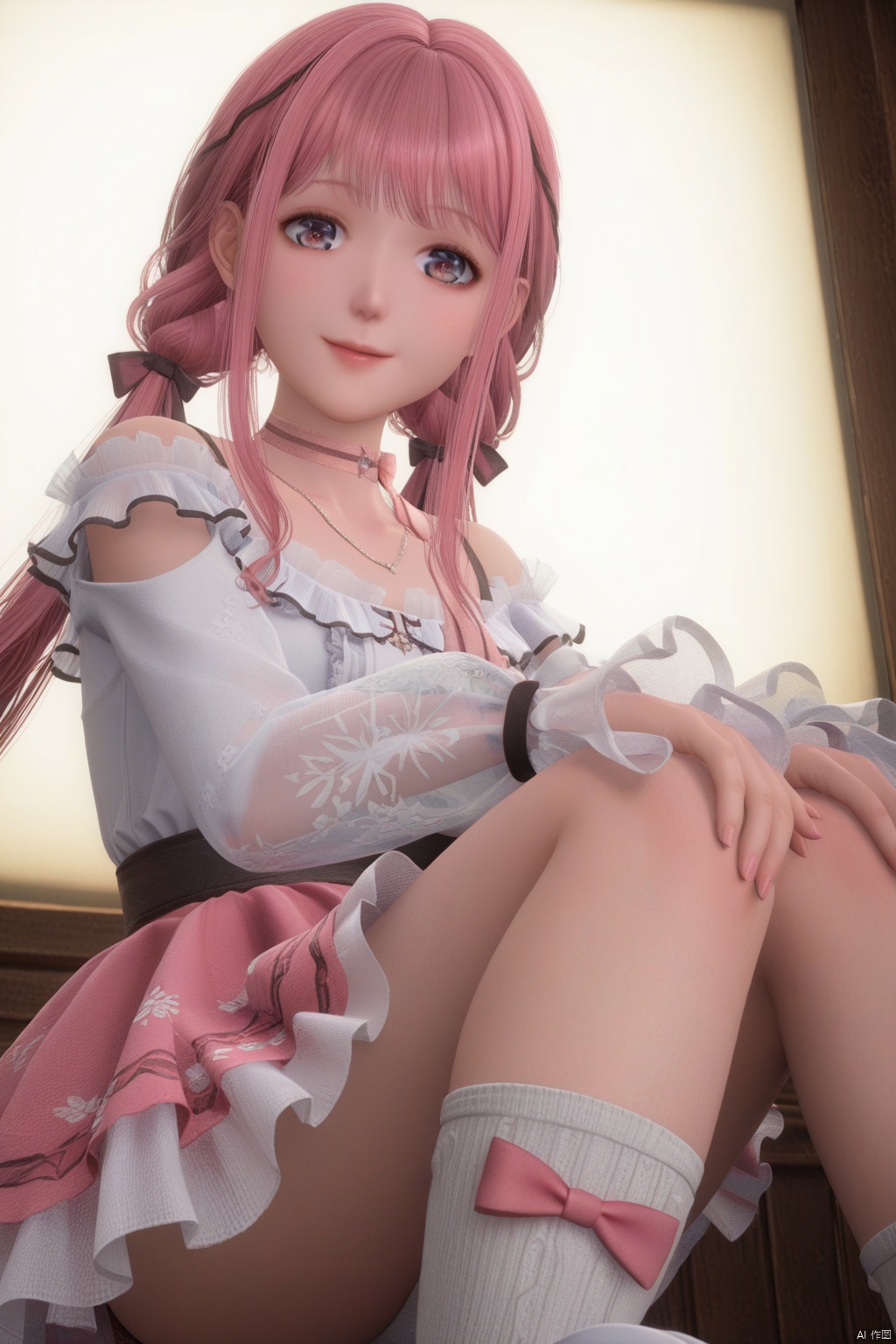 masterpiece, best quality, masterpiece,best quality,official art,extremely detailed CG unity 8k wallpaper,1girl,solo,long hair,looking at viewer,smile,bangs,skirt,shirt,long sleeves,twintails,jewelry,very long hair,collarbone,white shirt,pink hair,braid,frills,choker,virtual youtuber,pink eyes,necklace,pink skirt,off-shoulder shirt,frilled shirt,see-through sleeves,pink bow,white socks,floral print,socks,(fetal position:1.3),sitting,from below,Bow Socks,See-through Floral Socks,(fetal_position),(fetal_position:1.3),pov