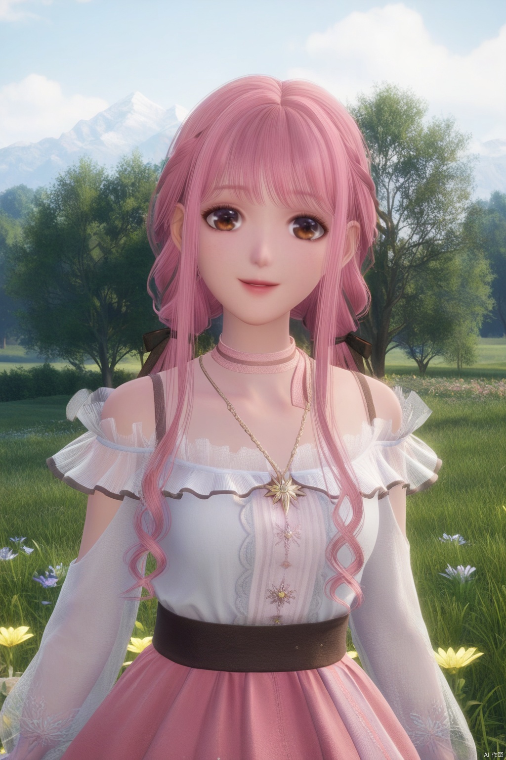 masterpiece, best quality, masterpiece,best quality,official art,extremely detailed CG unity 8k wallpaper,1girl,solo,long hair,looking at viewer,bangs,skirt,long sleeves,dress,brown eyes,jewelry,pink hair,braid,flower,outdoors,frills,necklace,see-through,grass,pink skirt,see-through sleeves,upper body,happy