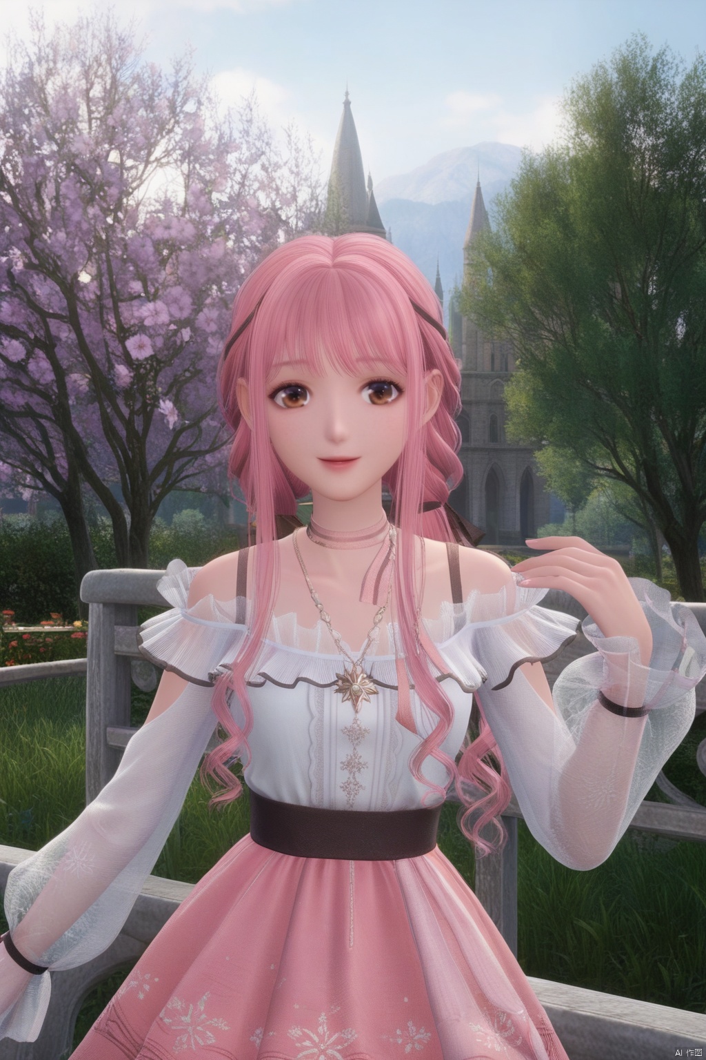 masterpiece, best quality, masterpiece,best quality,official art,extremely detailed CG unity 8k wallpaper,1girl,solo,long hair,looking at viewer,bangs,skirt,long sleeves,dress,brown eyes,jewelry,pink hair,braid,flower,outdoors,frills,necklace,see-through,pink skirt,see-through sleeves,upper body,happy,