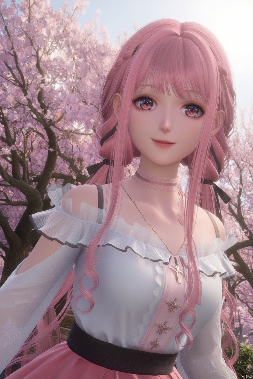 masterpiece, best quality, masterpiece,best quality,official art,extremely detailed CG unity 8k wallpaper,1girl,solo,long hair,looking at viewer,smile,bangs,skirt,shirt,long sleeves,twintails,jewelry,very long hair,collarbone,white shirt,pink hair,braid,frills,choker,virtual youtuber,pink eyes,necklace,pink skirt,off-shoulder shirt,frilled shirt,see-through sleeves,pov,(portrait:1.3),close-up