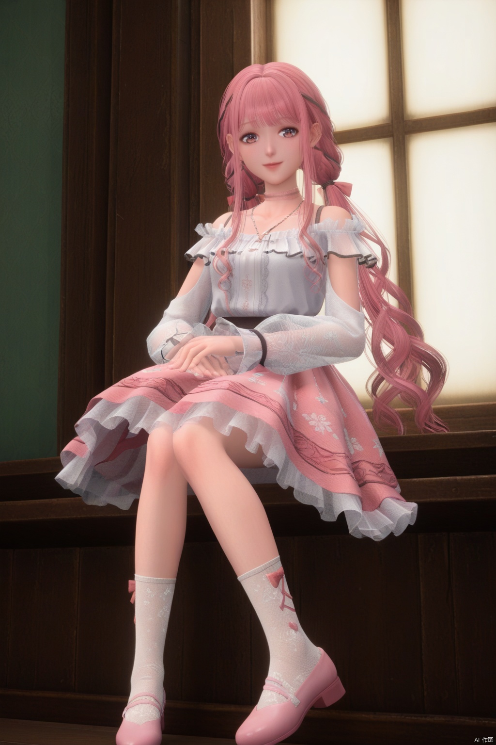 masterpiece, best quality, masterpiece,best quality,official art,extremely detailed CG unity 8k wallpaper,1girl,solo,long hair,looking at viewer,smile,bangs,skirt,shirt,long sleeves,twintails,jewelry,very long hair,collarbone,white shirt,pink hair,braid,frills,choker,virtual youtuber,pink eyes,necklace,pink skirt,off-shoulder shirt,frilled shirt,see-through sleeves,pink footwear,pink bow,white socks,floral print,socks,full_body,pink shoes,(fetal position:1.3),sitting,from below,Bow Socks,See-through Floral Socks,fetal_position,