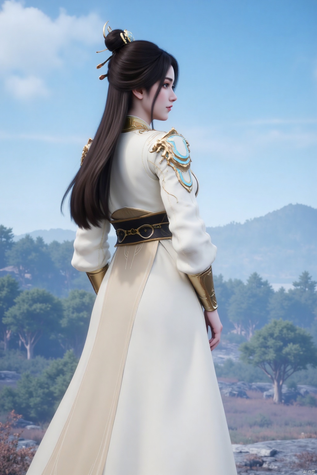 1girl

solo

long hair

brown hair

black hair

hair ornament

long sleeves

dress

jewelry

outdoors

sky

hair bun

white dress