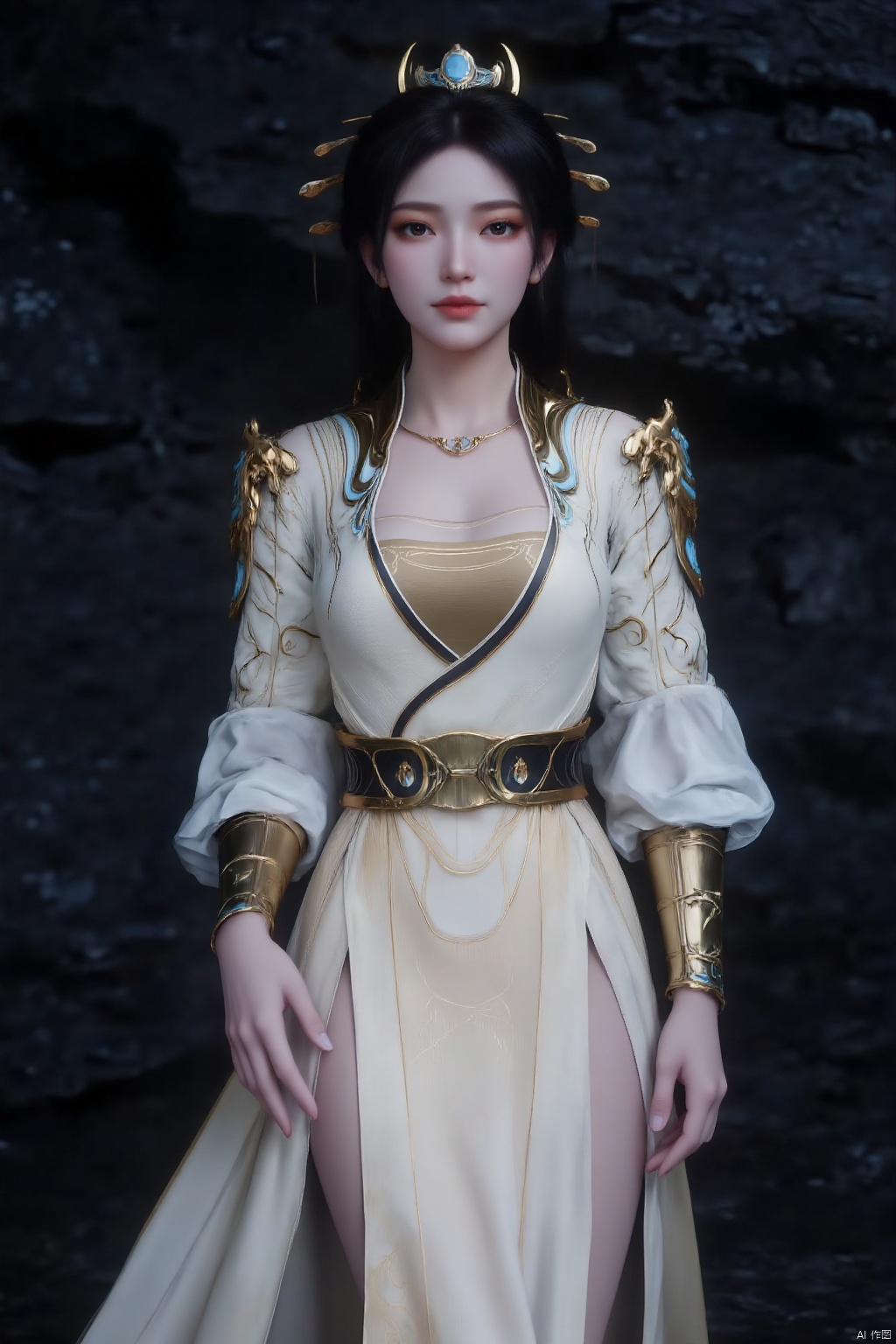 a medium-angle shot of a woman in a white and gold costume, adorned with a crown on her head, stands in front of a dark, rocky surface. The woman's dress is adorned with gold accents, including a black belt, a gold necklace, and a gold bracelet on her right arm. Her left hand is draped over her left shoulder, adding a touch of contrast to her outfit.
