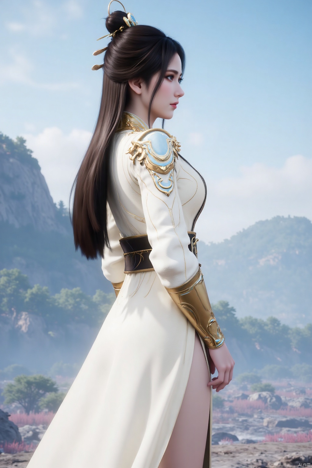 1girl

solo

long hair

brown hair

black hair

hair ornament

long sleeves

dress

jewelry

outdoors

sky

hair bun

white dress