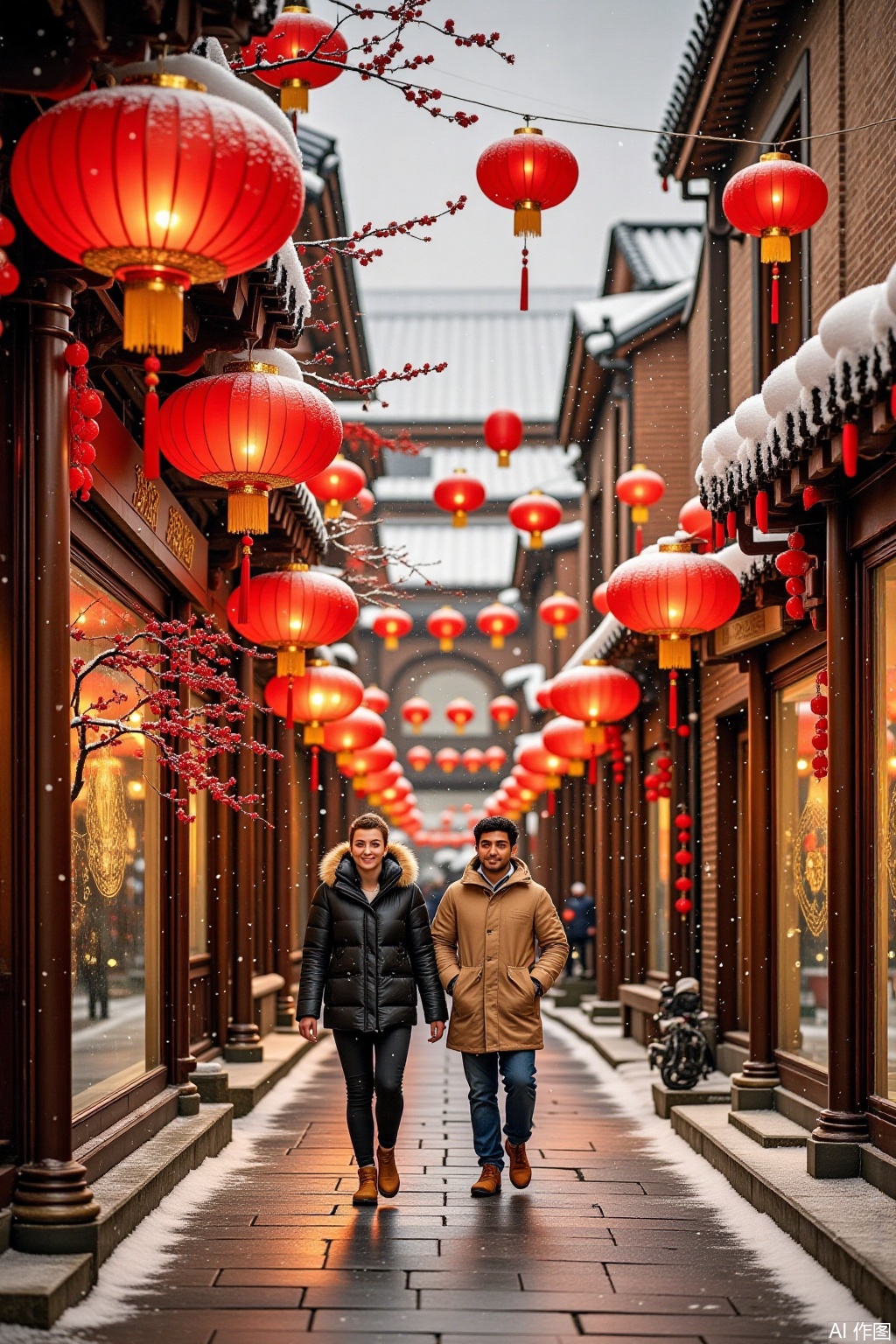 China Spring Festival Street,masterpiece,4K,On the occasion of the New Year, the streets in China are covered in white. The pure white snowflakes flutter down, gently covering the bluestone roads. Big red lanterns are hung high along the streets, emitting warm light, forming a charming contrast with the white snow. Pedestrians, wrapped in thick clothes, wear smiles on their faces. The street decorated with snow and red lanterns is full of the liveliness and warmth of the New Year. 