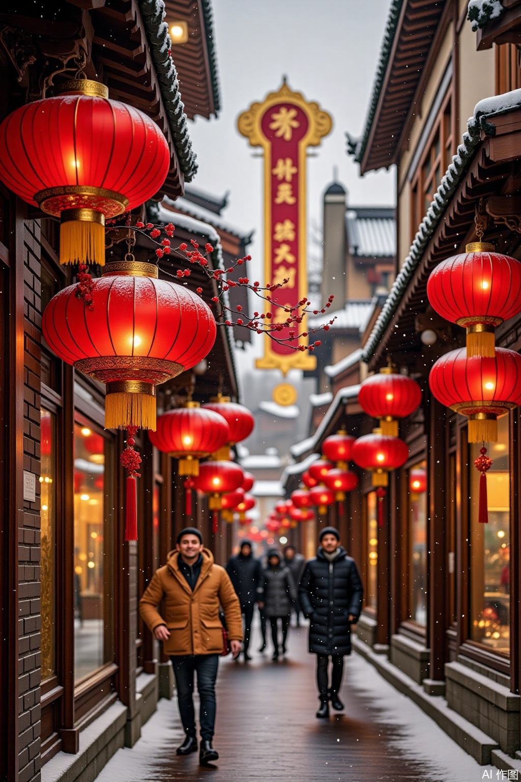 China Spring Festival Street,masterpiece,4K,On the occasion of the New Year, the streets in China are covered in white. The pure white snowflakes flutter down, gently covering the bluestone roads. Big red lanterns are hung high along the streets, emitting warm light, forming a charming contrast with the white snow. Pedestrians, wrapped in thick clothes, wear smiles on their faces. The street decorated with snow and red lanterns is full of the liveliness and warmth of the New Year. 