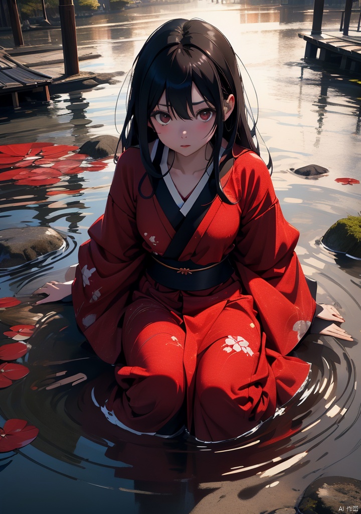 Dark,Japanese Style,Middle of River,Red Clothes,Sadako,SOLO,1 grid,masterpiece,best quality,unity 8k wallpaper,8k,ultra high res,