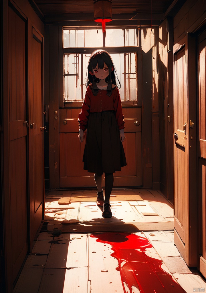In a dark room,a panicked girl,the room is full of red liquid,in front of the girl has a very red wooden door,constantly from the wooden door out of the red liquid and from which a withered hand,the furniture in the room looks very simple,the room is only a red candle emitting a faint red light,