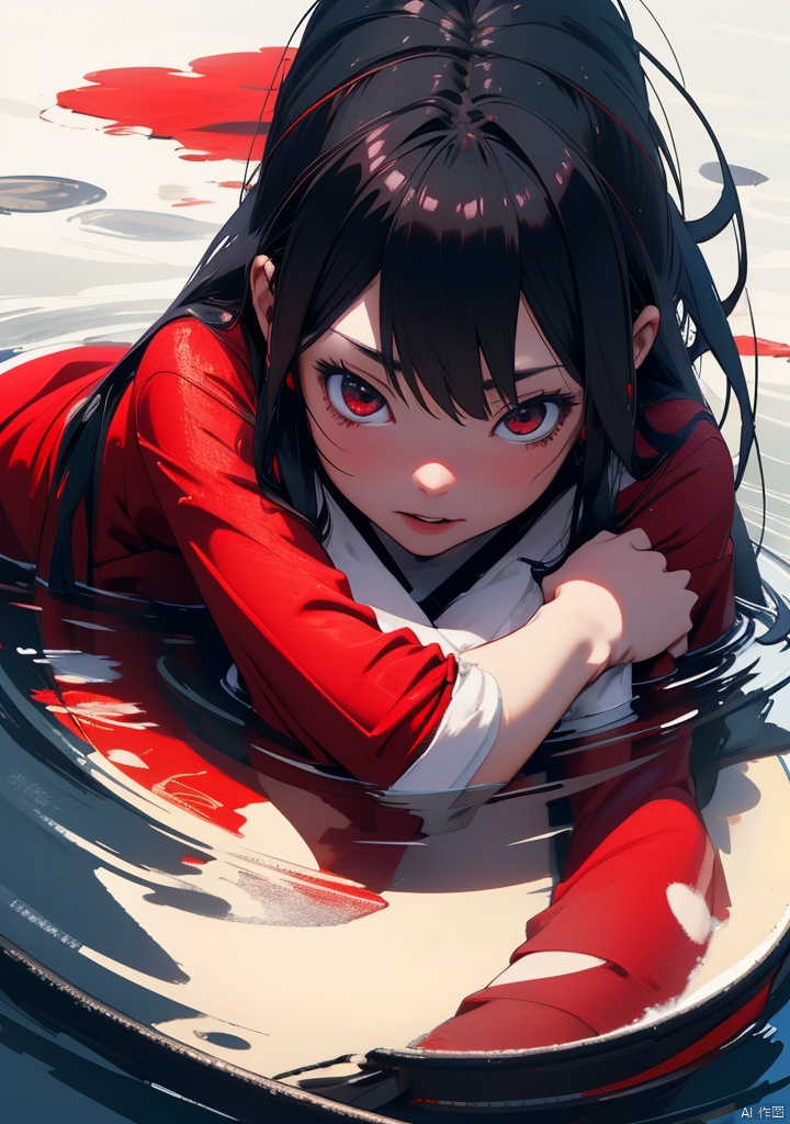 Dark,Japanese Style,Middle of River,Red Clothes,Sadako,SOLO,1 grid,masterpiece,best quality,unity 8k wallpaper,8k,ultra high res,