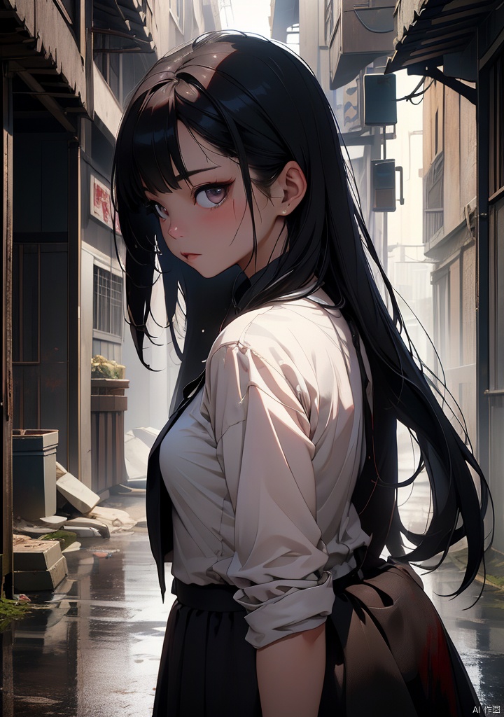 Dark,Chinese Terror,Female Ghost,Long Hair,Broken White Skirt,Dilapidated and Humid Bluestone Alley,Blood,Undead,Horror,Supernatural,Mystery,Dark Atmosphere,
HDR,UHD,8K,best quality,masterpiece,Highly detailed,Studio lighting,ultra-fine painting,sharp focus,physically-based rendering,extreme detail description,Professional,masterpiece,best quality,delicate,beautiful,