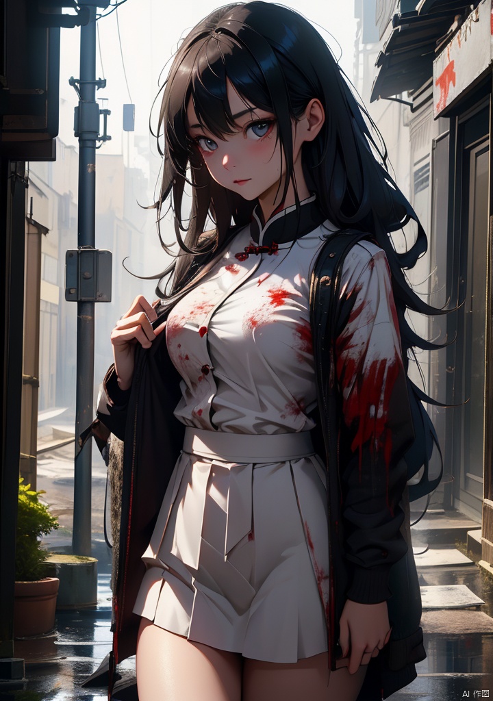 Dark,Chinese Terror,Female Ghost,Long Hair,Broken White Skirt,Dilapidated and Humid Bluestone Alley,Blood,Undead,Horror,Supernatural,Mystery,Dark Atmosphere,
HDR,UHD,8K,best quality,masterpiece,Highly detailed,Studio lighting,ultra-fine painting,sharp focus,physically-based rendering,extreme detail description,Professional,masterpiece,best quality,delicate,beautiful,