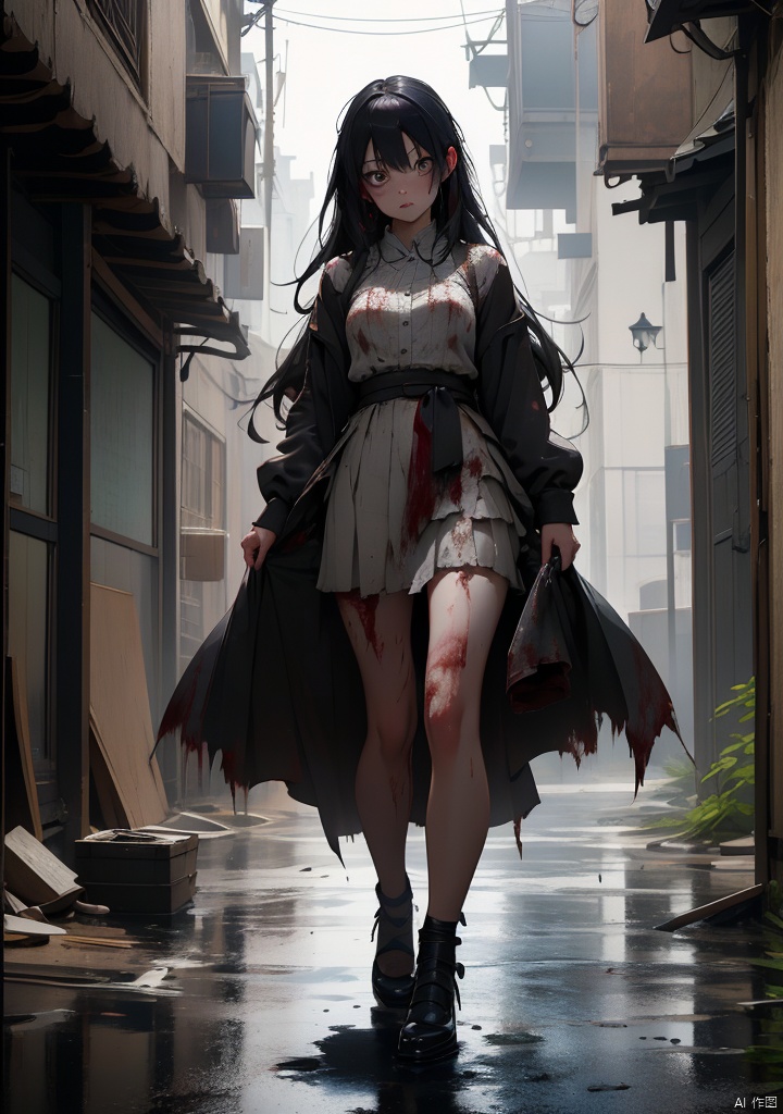 Dark,Chinese Terror,Female Ghost,Long Hair,Broken White Skirt,Dilapidated and Humid Bluestone Alley,Blood,Undead,Horror,Supernatural,Mystery,Dark Atmosphere,
HDR,UHD,8K,best quality,masterpiece,Highly detailed,Studio lighting,ultra-fine painting,sharp focus,physically-based rendering,extreme detail description,Professional,masterpiece,best quality,delicate,beautiful,