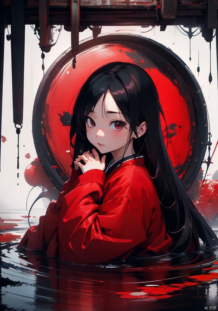 Dark,Japanese Style,Middle of River,Red Clothes,Sadako,SOLO,1 grid,masterpiece,best quality,unity 8k wallpaper,8k,ultra high res,