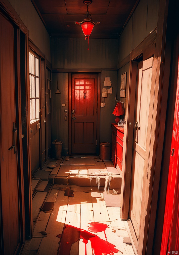 In a dark room,a panicked girl,the room is full of red liquid,in front of the girl has a very red wooden door,constantly from the wooden door out of the red liquid and from which a withered hand,the furniture in the room looks very simple,the room is only a red candle emitting a faint red light,