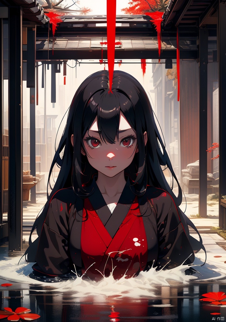 Dark,Japanese Style,Middle of River,Red Clothes,Sadako,SOLO,1 grid,masterpiece,best quality,unity 8k wallpaper,8k,ultra high res,