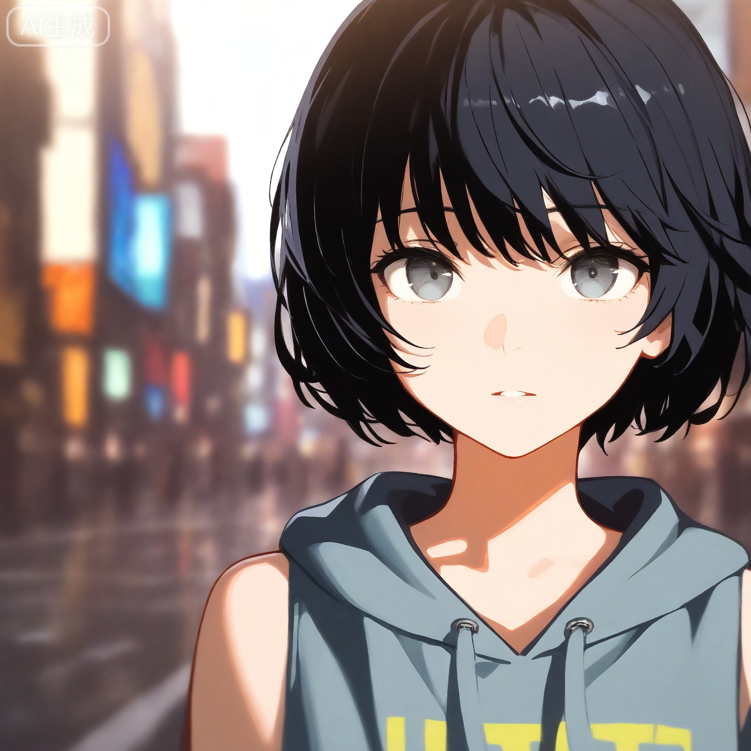 1girl, solo,
young_girl,
short_hair, black_hair, grey_eyes,
upper_body, portrait, head_and_shoulders,
hoodie, casual_style,
looking_at_viewer, relaxed_expression,
city_background, street,
natural_light,
depth_of_field, blurry_background,
anime_style, high_detail, masterpiece
