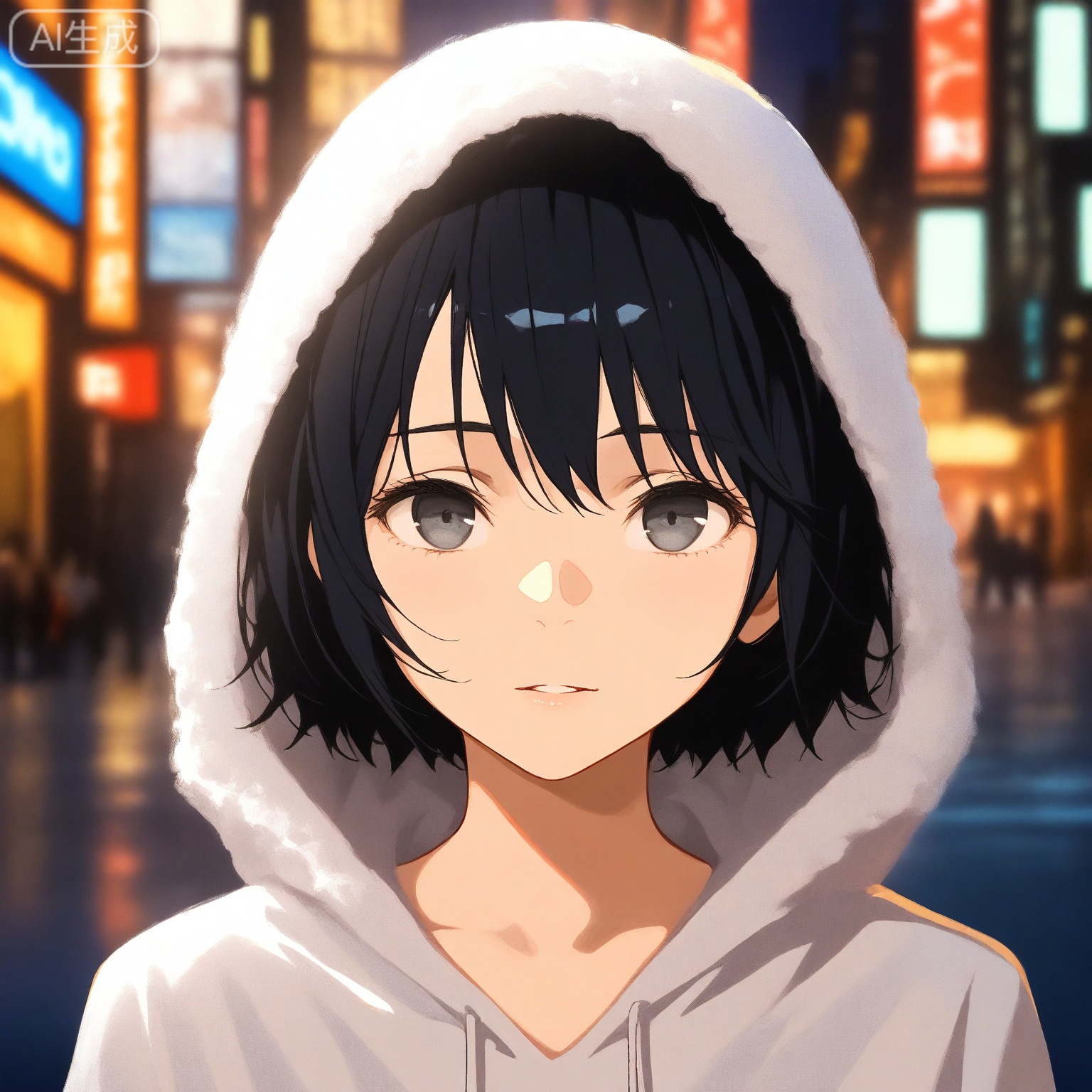 1girl, solo,
young_girl,
short_hair, black_hair, grey_eyes,
upper_body, portrait, head_and_shoulders,
hoodie, casual_style,
looking_at_viewer, relaxed_expression,
city_background, street,
natural_light,
depth_of_field, blurry_background,
anime_style, high_detail, masterpiece