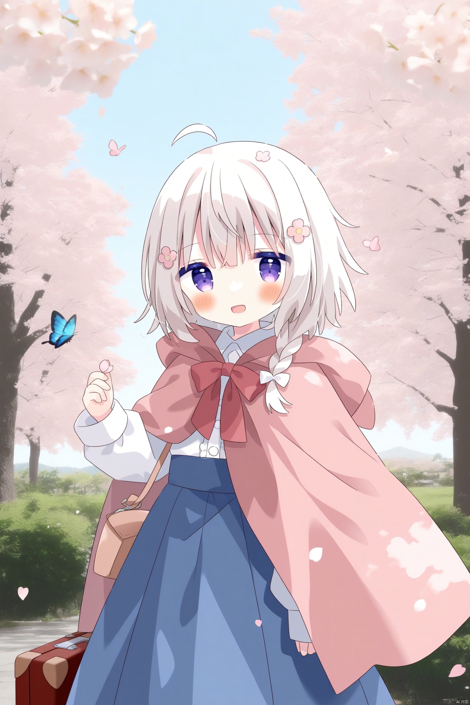 b202,1girl, solo, long hair, looking at viewer, blush, smile, open mouth, bangs, blue eyes, skirt, shirt, hair ornament, long sleeves, bow, holding, hair between eyes, standing, white shirt, braid, flower, ahoge, white hair, :d, outdoors, frills, sky, teeth, day, puffy sleeves, collared shirt, cloud, hand up, hair flower, hood, bowtie, cape, tree, blue sky, blue skirt, petals, upper teeth only, hood down, bug, white bow, white flower, butterfly, cloak, side braid, pink flower, puffy long sleeves, high-waist skirt, hooded cloak, blue butterfly, suitcase, hooded cape, butterfly on hand, elaina \(majo no tabitabi\)