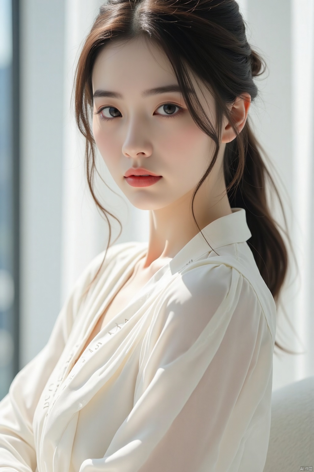 (4K Resolution:1.2, Ultra High Definition (UHD):1.2),(Realistic Human Effect:1.2),(Lifelike Realism:1.2),(Elegant Woman:1.2),(Radiant and Flawless Skin:1.2),(Extreme Close-up of the Face:1.3),Elegant,(Ivory White Blouse Top:1.3),Transparent Shawl Draped Over the Shoulders,Lower Garment Ivory Wrapped Hip Skirt,(Sad Expression:1.2),(Melancholic:1.2),(Heartbreak:1.2),(Grief:1.2),Skyscraper,Natural Light,Leaning Against the Window,Facing the Window,Gazing Directly at the Camera,(Partially Damp and Semi-Transparent:1.2),(Melancholic yet Tender Gaze:1.2),(Alluring yet Elegant Posture:1.2),(Luxurious Hair, Dramatic White Lighting Effect:1.2),(Clothing with Subtly Embossed Letters 'HSY':1.1),Text Discreetly Placed,Barely Noticeable but Recognizable,(Long Shot Full Body:1.2),(Directly Facing the Camera:1.2).(Close-up of the Left Side of the Face:1.2),girl,
((very delicate light)), ((fine lighting,very fine 8KCG wallpapers)),Depth of field, realistic lighting, ray tracing, OC renderer, UE5 renderer, ultra realistic, best quality, 8K, master level work, ultra fine, details, correct human body structure,