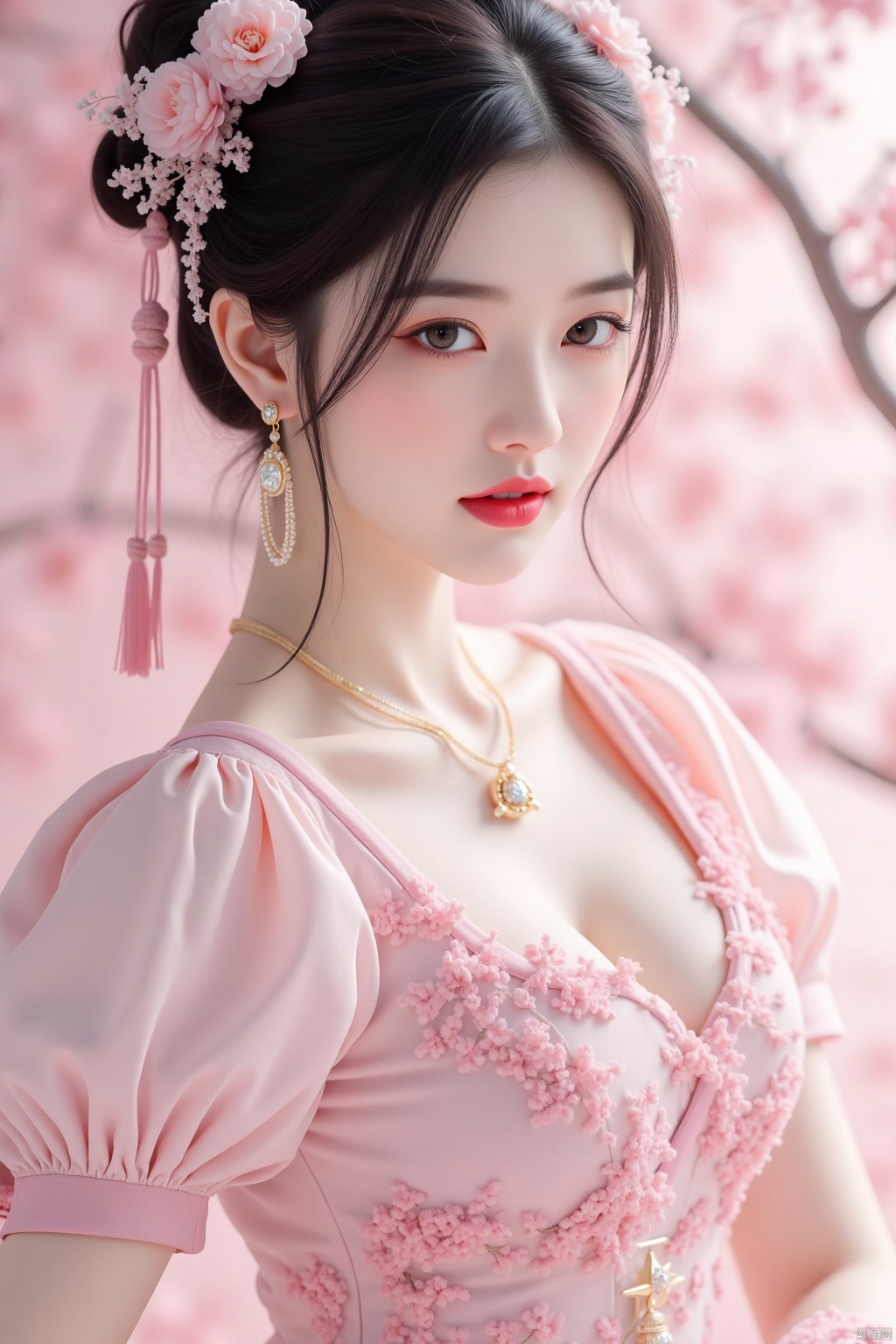 1girl, solo, breasts, looking at viewer, short hair, bangs, black hair, hair ornament, dress, jewelry, medium breasts, closed mouth, upper body, flower, short sleeves, earrings, elbow gloves, puffy sleeves, artist name, pink eyes, necklace, hair bun, puffy short sleeves, lips, petals, double bun, chinese clothes, gem, tassel, pink dress, pink flower,
((very delicate light)), ((fine lighting,very fine 8KCG wallpapers)),Depth of field, realistic lighting, ray tracing, OC renderer, UE5 renderer, ultra realistic, best quality, 8K, master level work, ultra fine, details, correct human body structure,