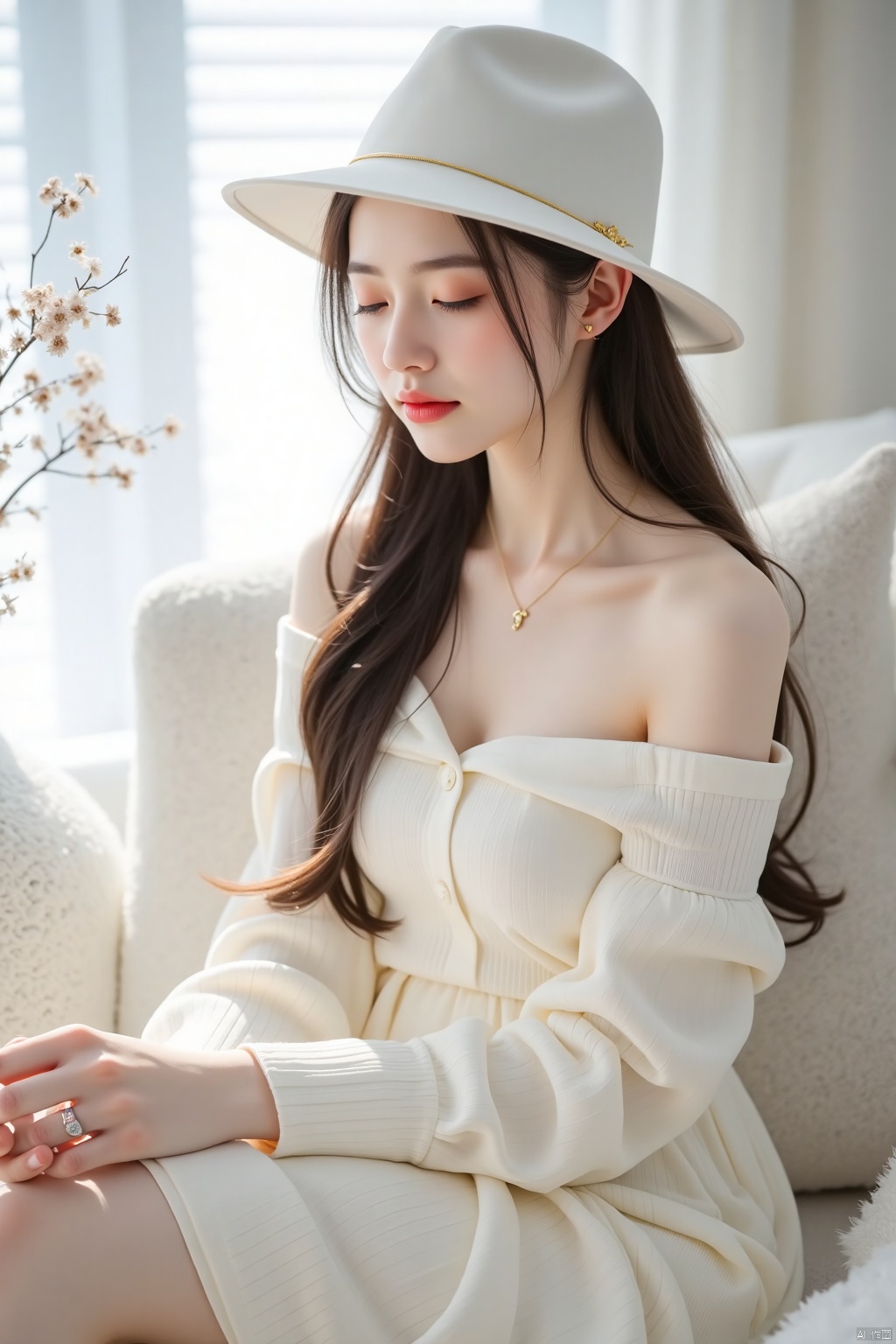 1girl, solo, long hair, brown hair, long sleeves, hat, dress, sitting, closed mouth, closed eyes, indoors, off shoulder, white dress, sweater, window, bird, white headwear, blinds,
((very delicate light)), ((fine lighting,very fine 8KCG wallpapers)),Depth of field, realistic lighting, ray tracing, OC renderer, UE5 renderer, ultra realistic, best quality, 8K, master level work, ultra fine, details, correct human body structure,