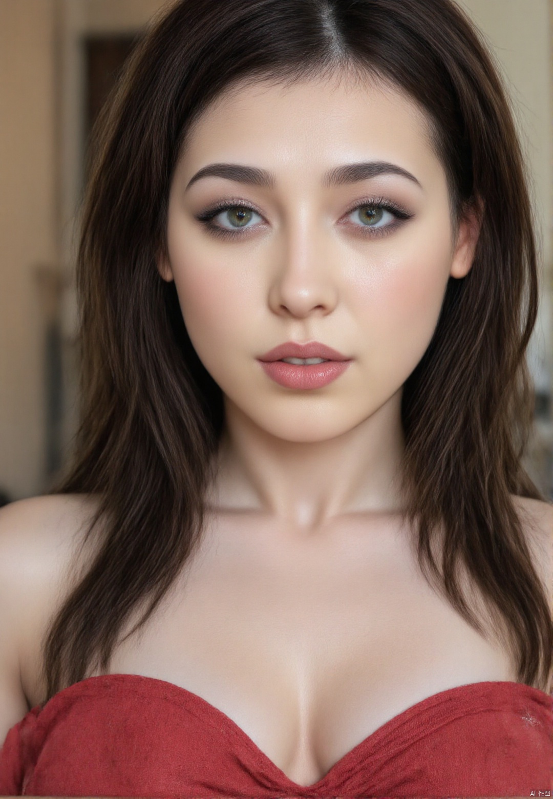 and her expression is contemplative and slightly melancholic. She has a delicate, fair complexion and long, The image is a high-resolution photograph featuring a close-up portrait of a woman with a fair complexion and long, platinum black hair flowing freely, shimmering silver embroidery and a teal underlay., This photograph features a young woman. She is depicted in a natural, vibrant red dress.,HARUKA