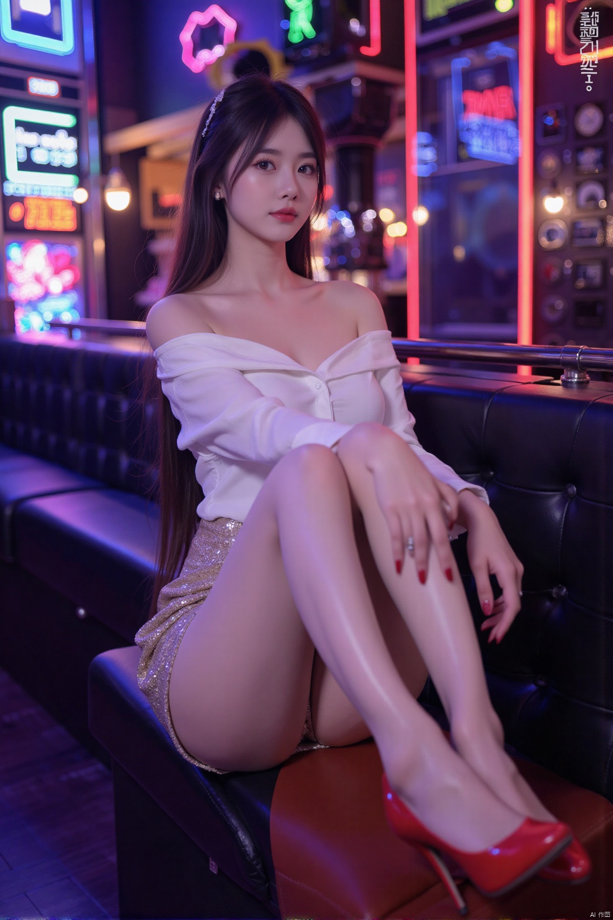 Realistic photo, 1girl, long hair, fair skin, big breasts, off-shoulder shirt, sequined skirt, long legs, red high heels, full body, sitting, nightclub, vibrant lights,