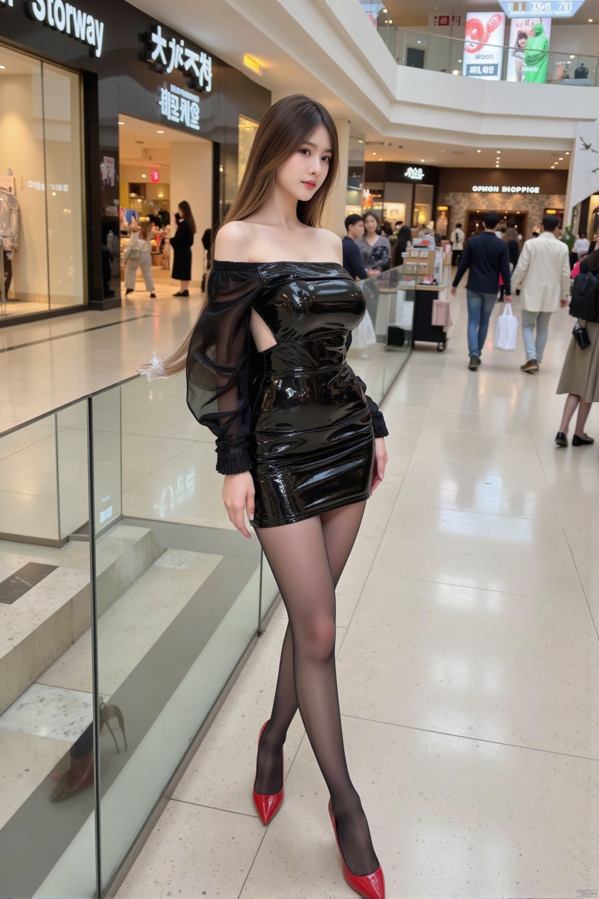 Realistic photos, 1girl, long hair, fair skin, big breasts, off-shoulder high-cut dress, (shiny pantyhose), long legs, red high heels, full body, shopping, large commercial plaza,