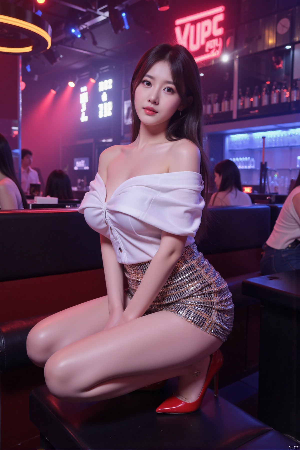 Realistic photo, 1girl, long hair, fair skin, big breasts, off-shoulder shirt, sequined skirt, long legs, red high heels, full body, sitting, nightclub, vibrant lights,