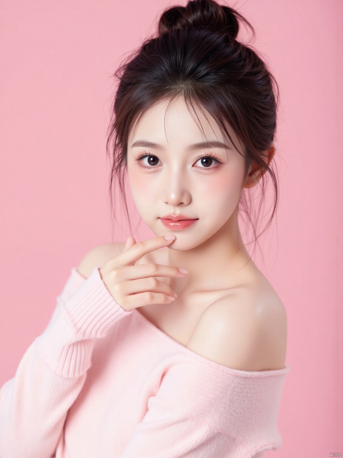 Realistic photo of a sweet dopamine girl in an off-shoulder sweater, upper body, light pink background,