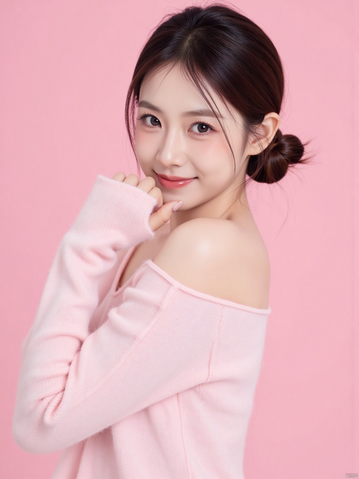 Realistic photo of a sweet dopamine girl in an off-shoulder sweater, upper body, light pink background,