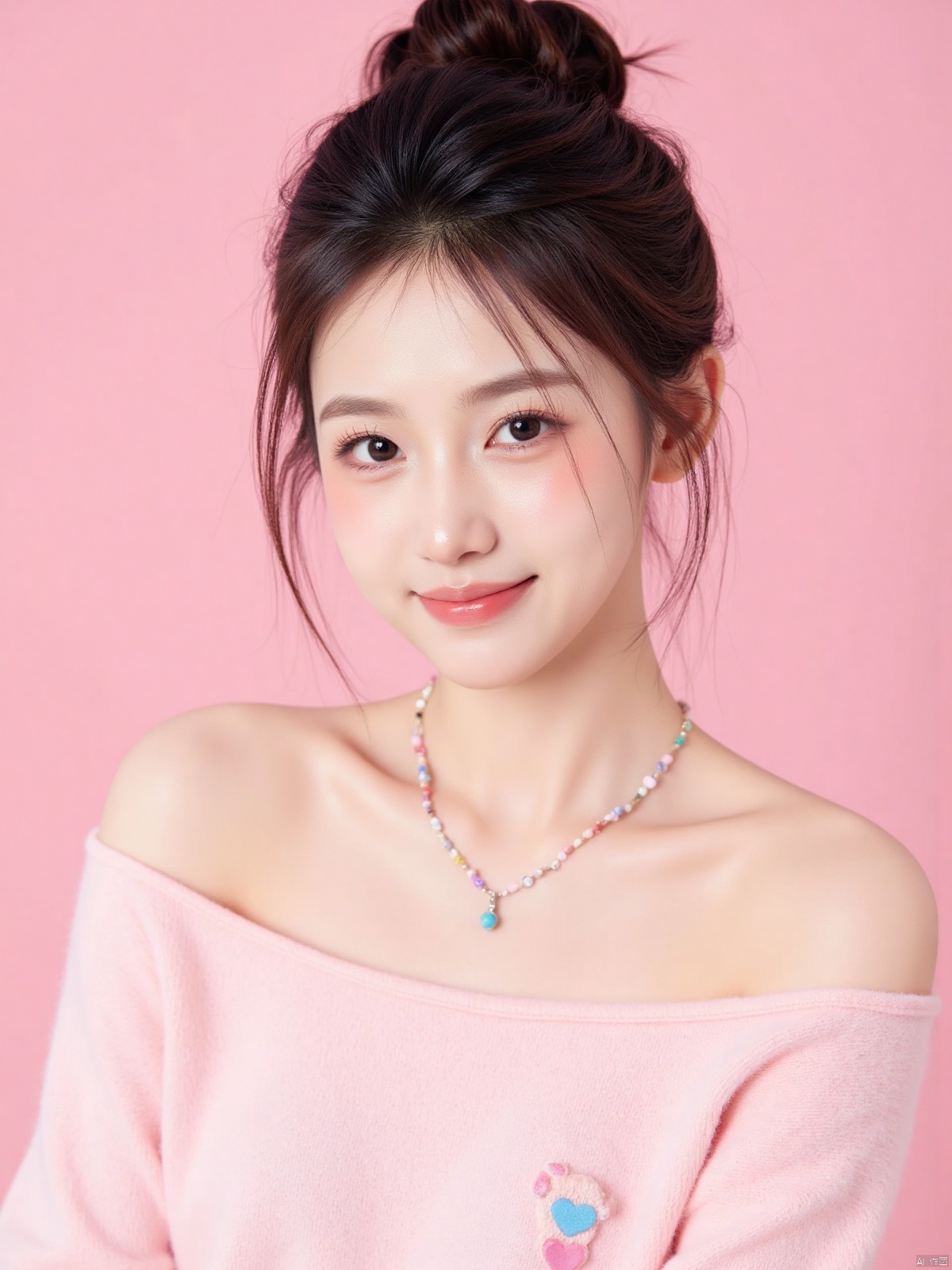 Realistic photo of a sweet dopamine girl in an off-shoulder sweater, upper body, light pink background,