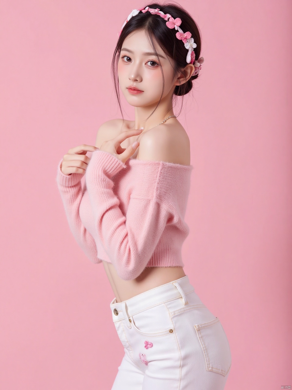 Realistic photo of a sweet dopamine girl in an off-shoulder sweater, upper body, light pink background,