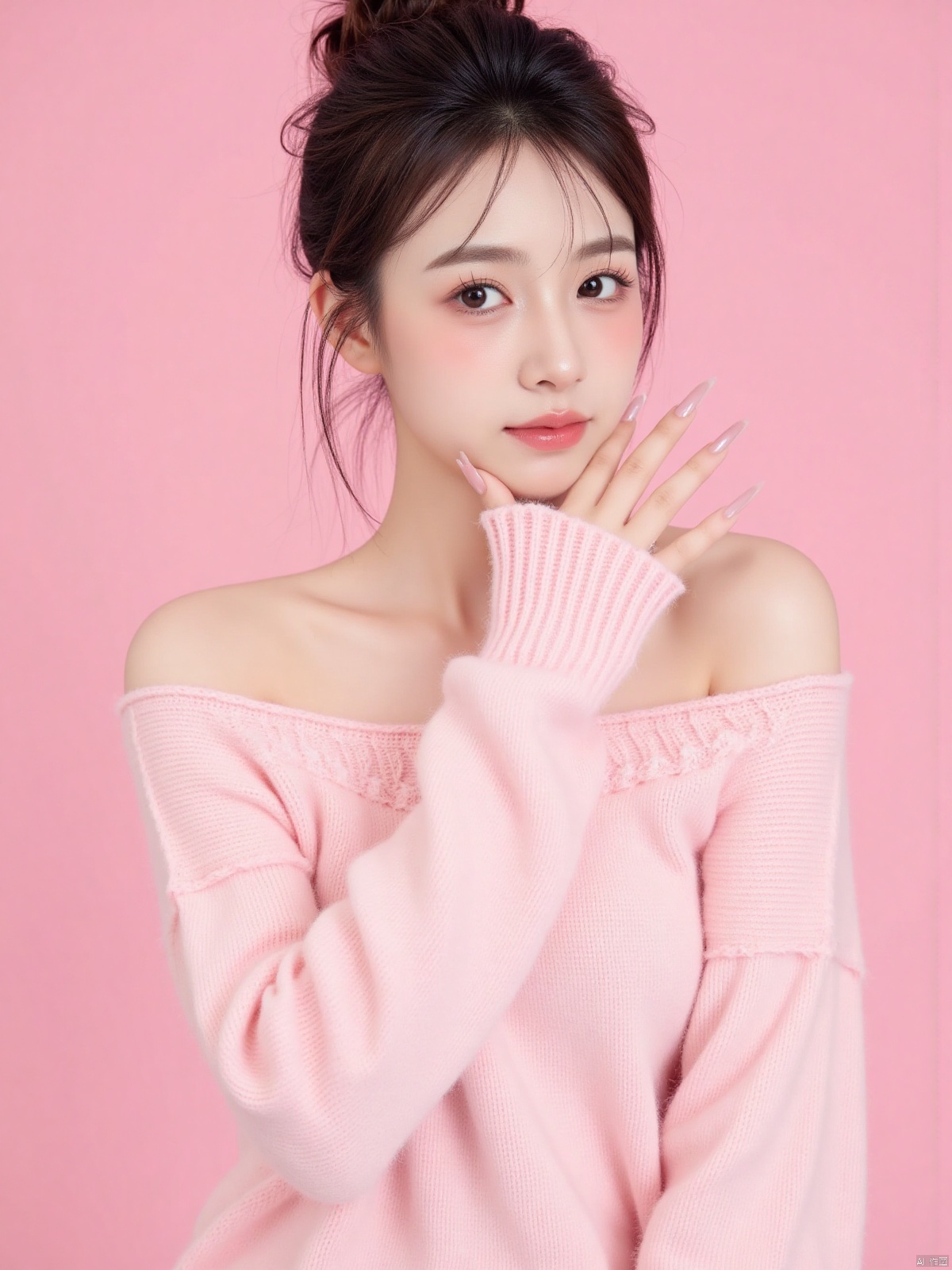 Realistic photo of a sweet dopamine girl in an off-shoulder sweater, upper body, light pink background,