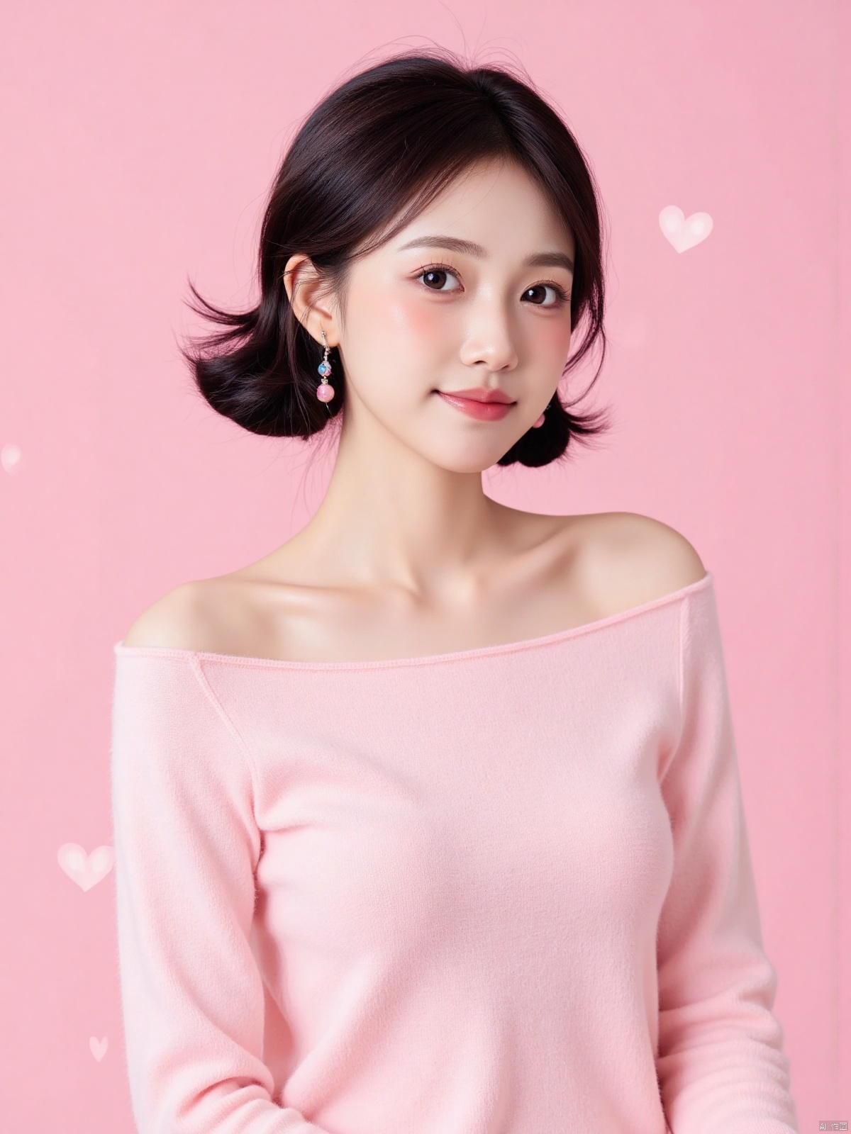 Realistic photo of a sweet dopamine girl in an off-shoulder sweater, upper body, light pink background,