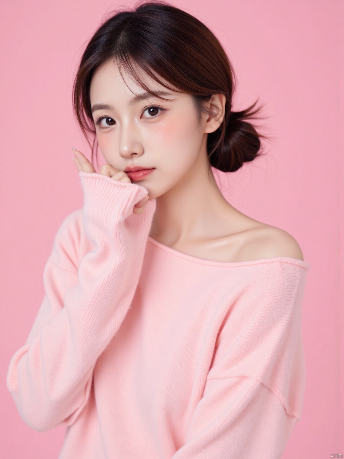 Realistic photo of a sweet dopamine girl in an off-shoulder sweater, upper body, light pink background,