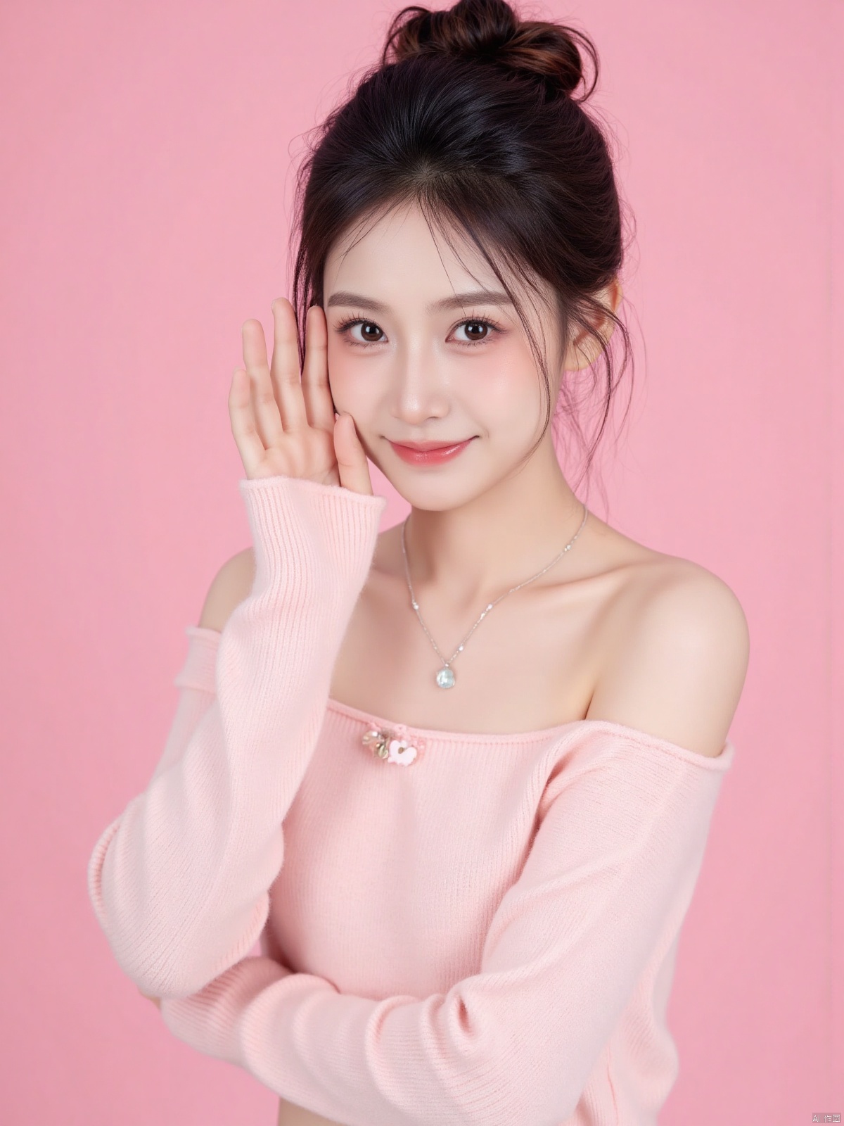 Realistic photo of a sweet dopamine girl in an off-shoulder sweater, upper body, light pink background,