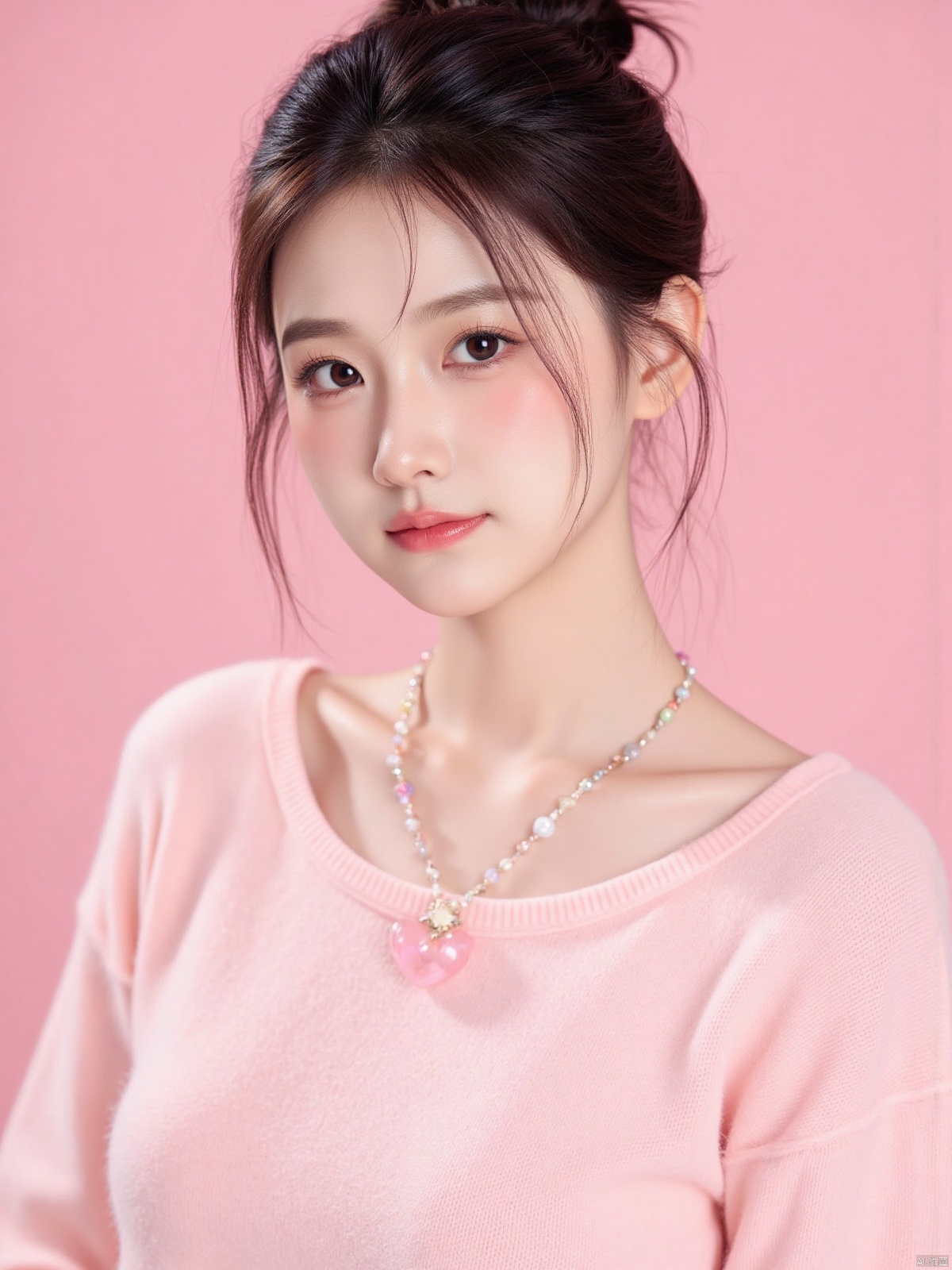 Realistic photo of a sweet dopamine girl in an off-shoulder sweater, upper body, light pink background,