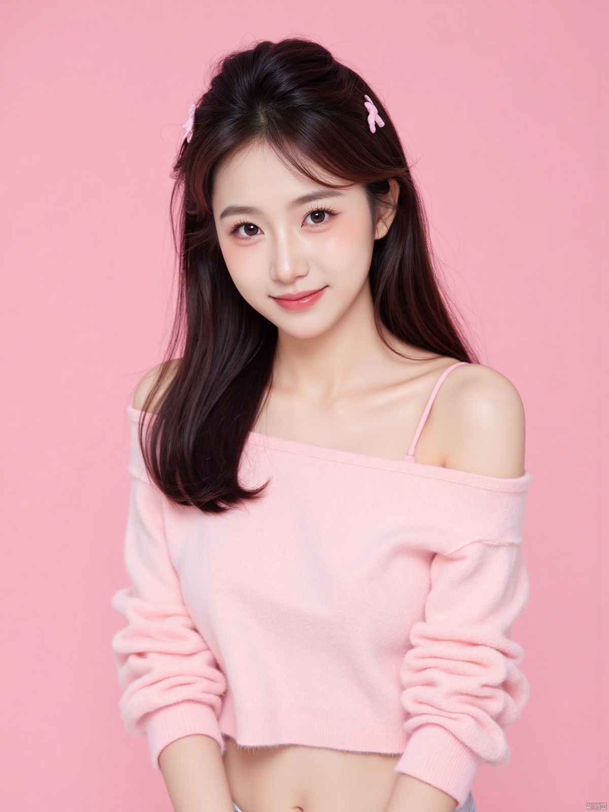 Realistic photo of a sweet dopamine girl in an off-shoulder sweater, upper body, light pink background,