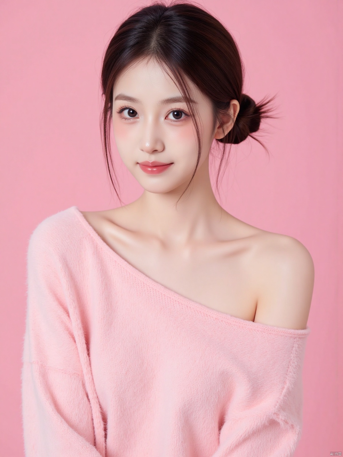 Realistic photo of a sweet dopamine girl in an off-shoulder sweater, upper body, light pink background,