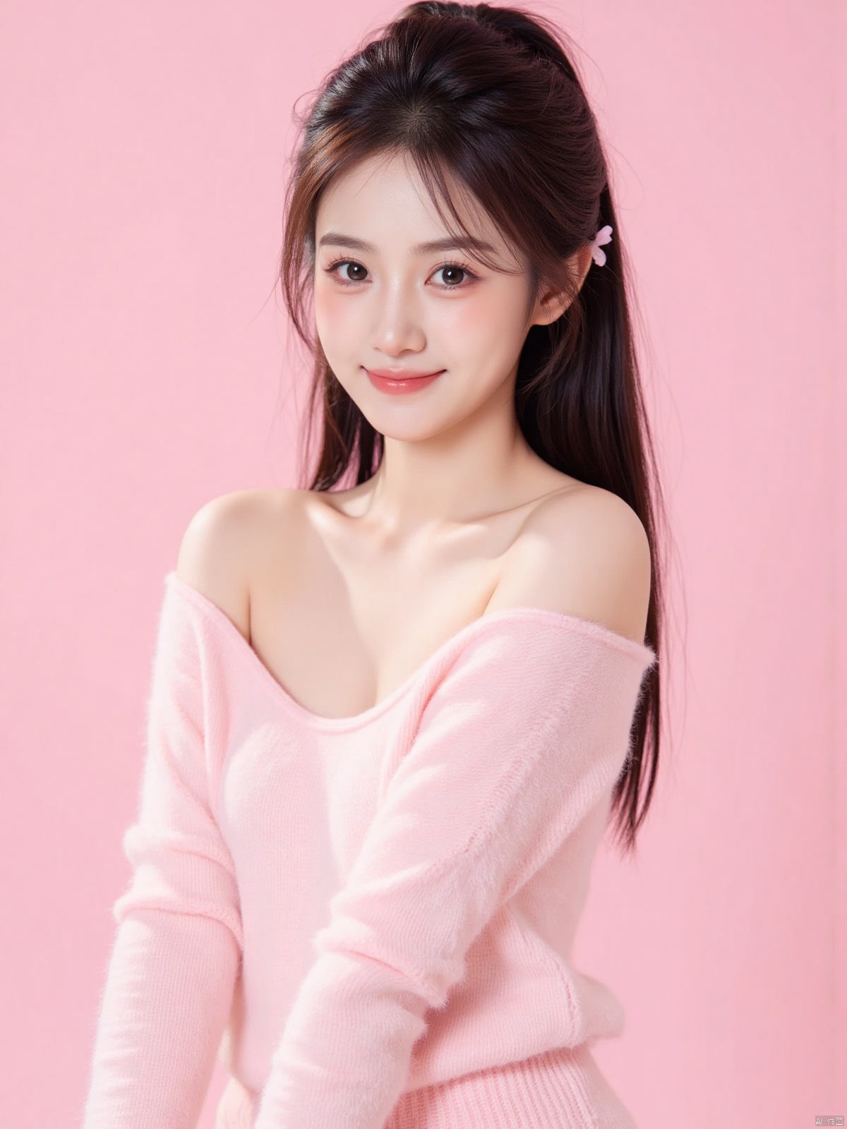 Realistic photo of a sweet dopamine girl in an off-shoulder sweater, upper body, light pink background,