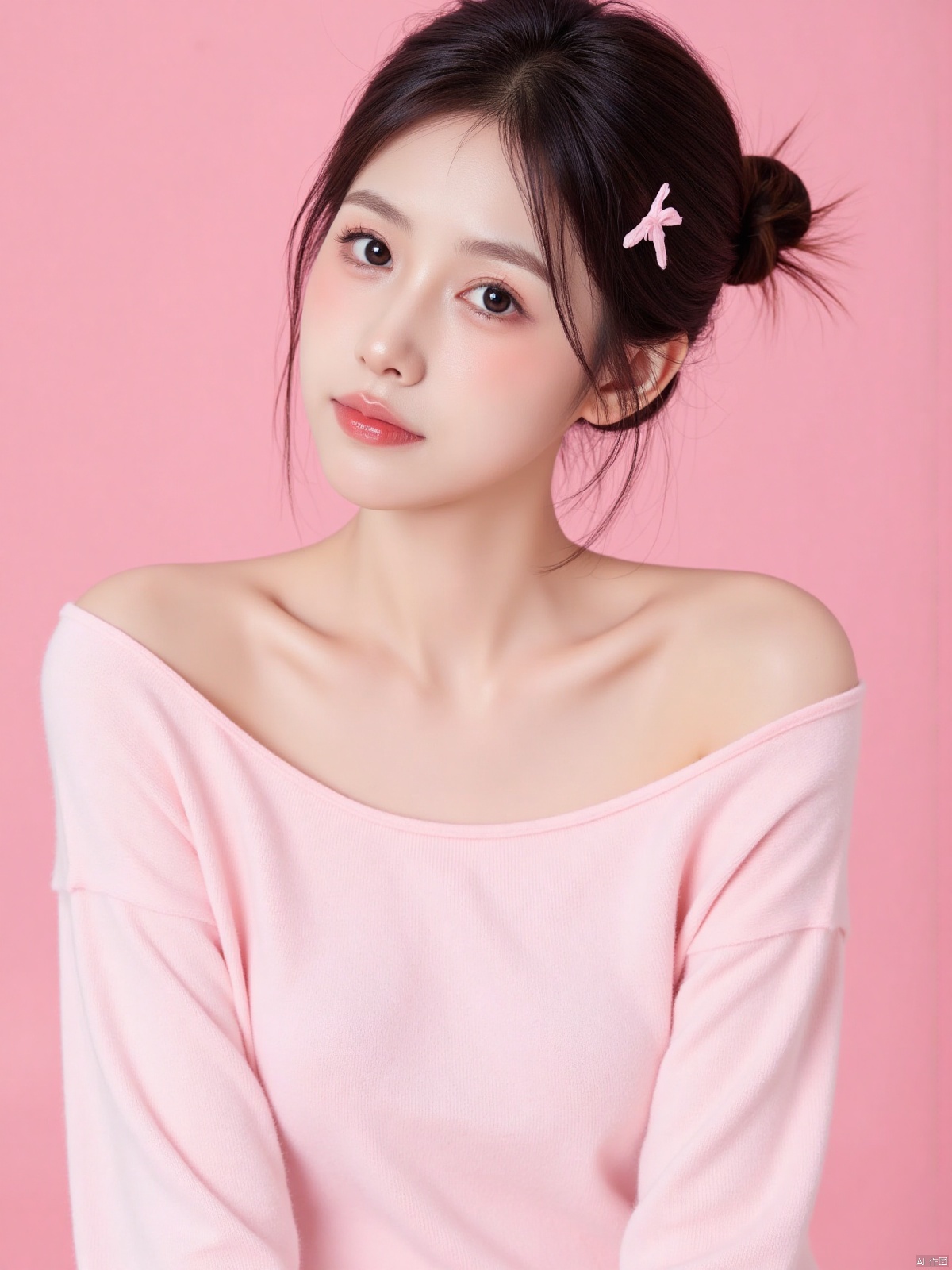Realistic photo of a sweet dopamine girl in an off-shoulder sweater, upper body, light pink background,