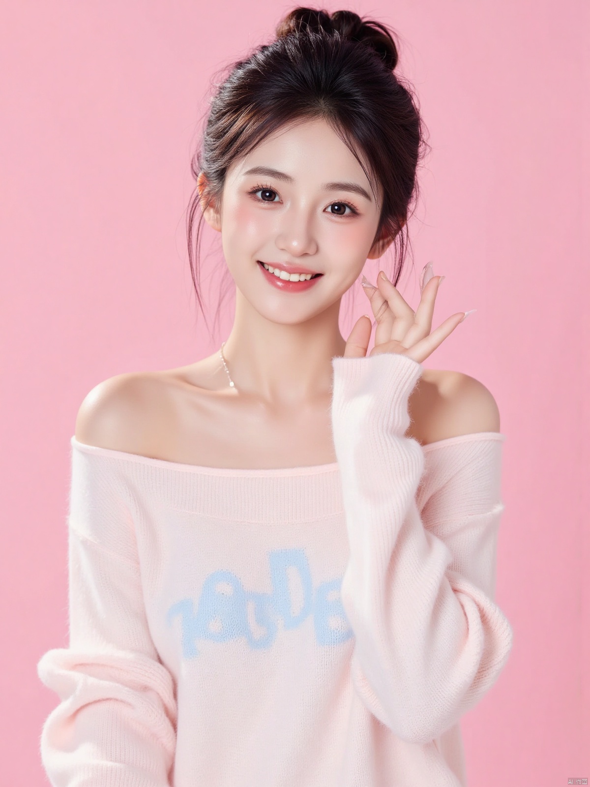 Realistic photo of a sweet dopamine girl in an off-shoulder sweater, upper body, light pink background,